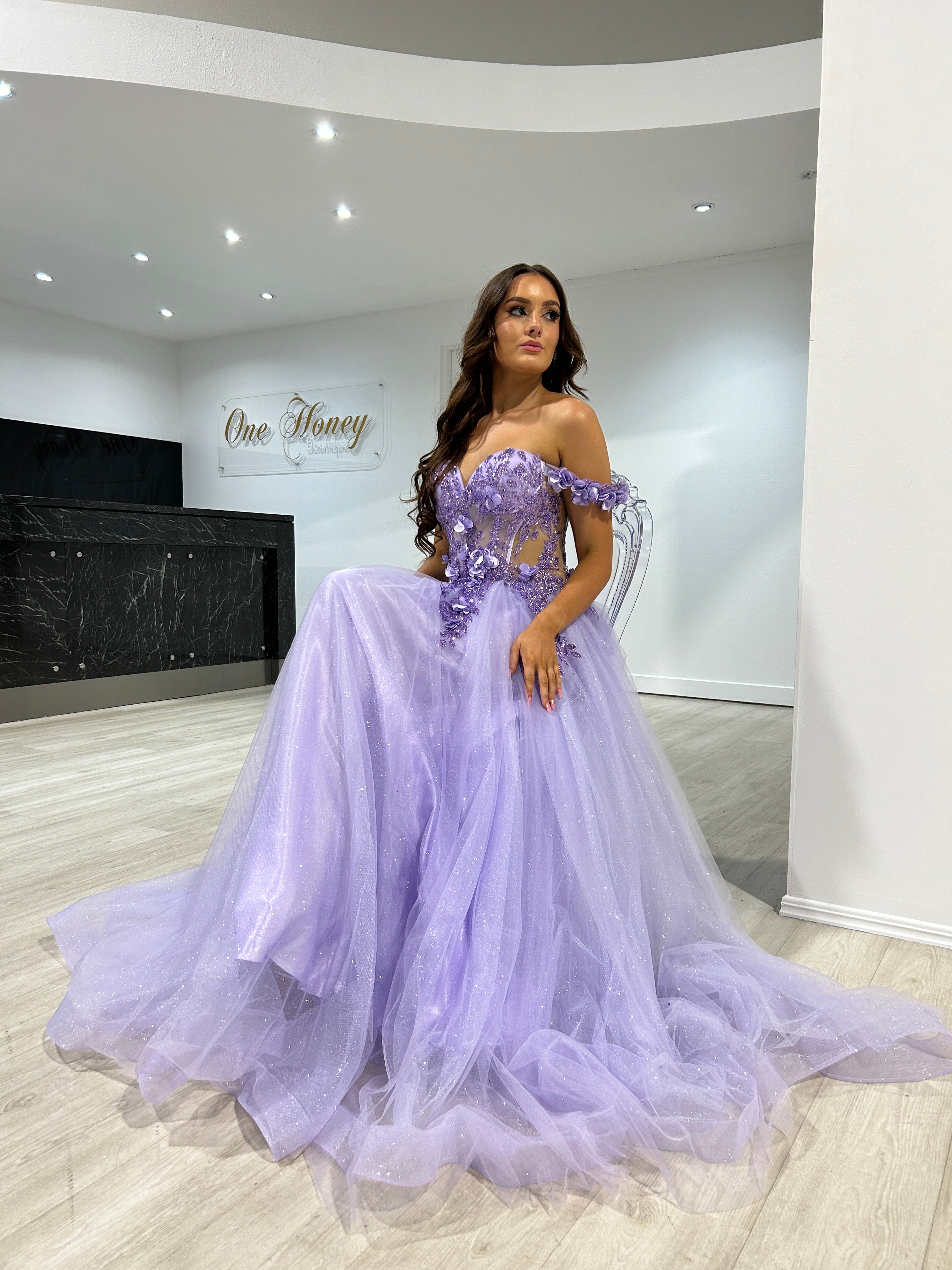 Honey Couture KARRISA Lavender Glitter off the Shoulder A-Line Formal Dress