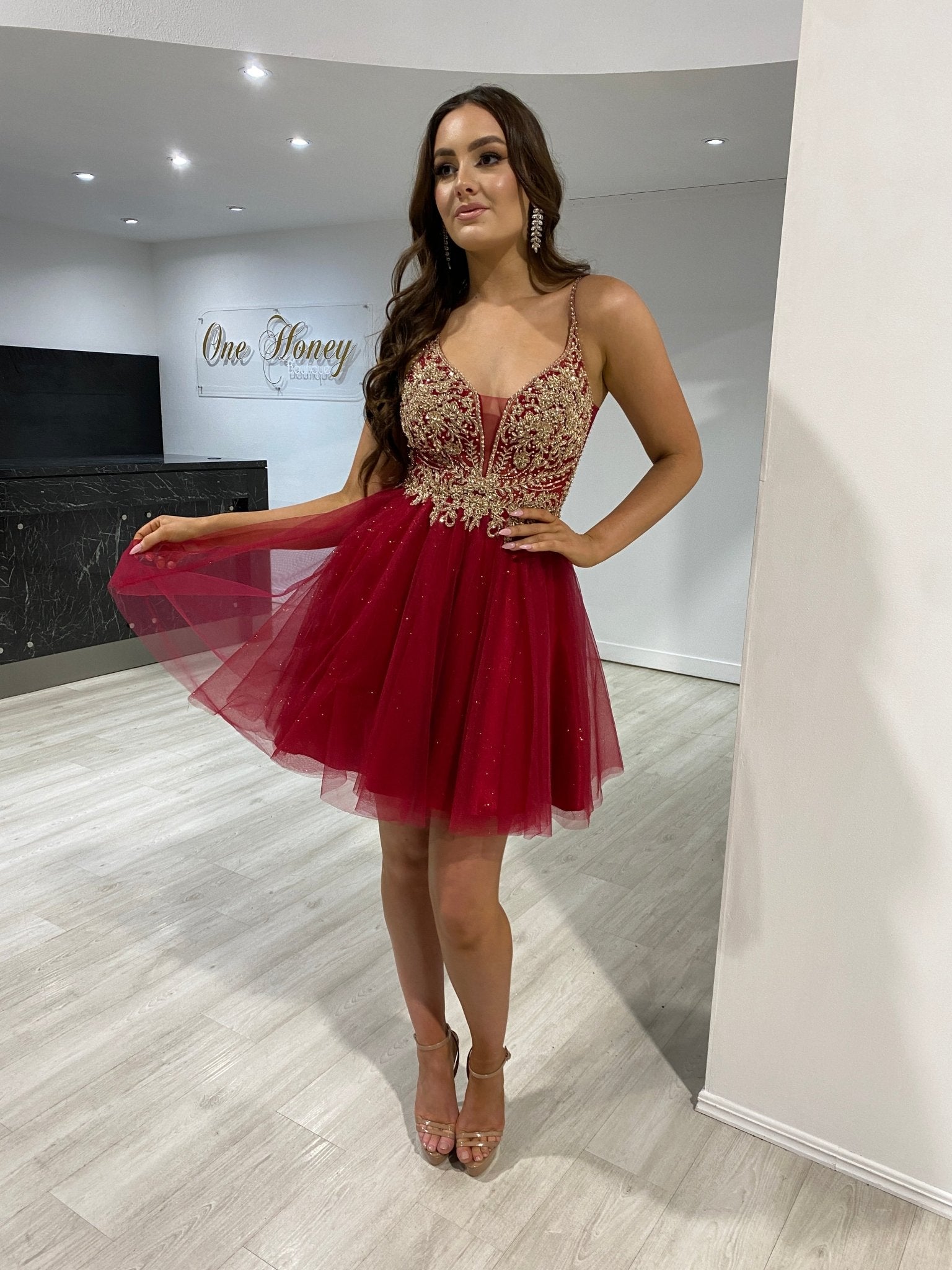Honey Couture AMBROSIA Burgundy & Gold Sequin Beaded Strap Tulle Frilly Party Dress in Australia | One Honey Boutique