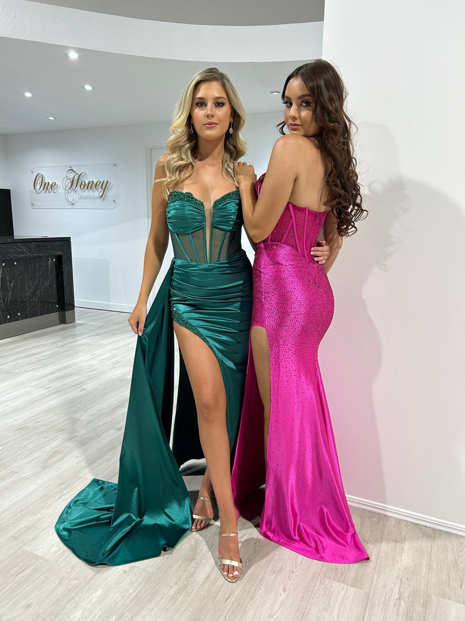 FINA Strapless Satin Diamanté Detail Corset Bustier Formal Dress in Australia | One Honey Boutique