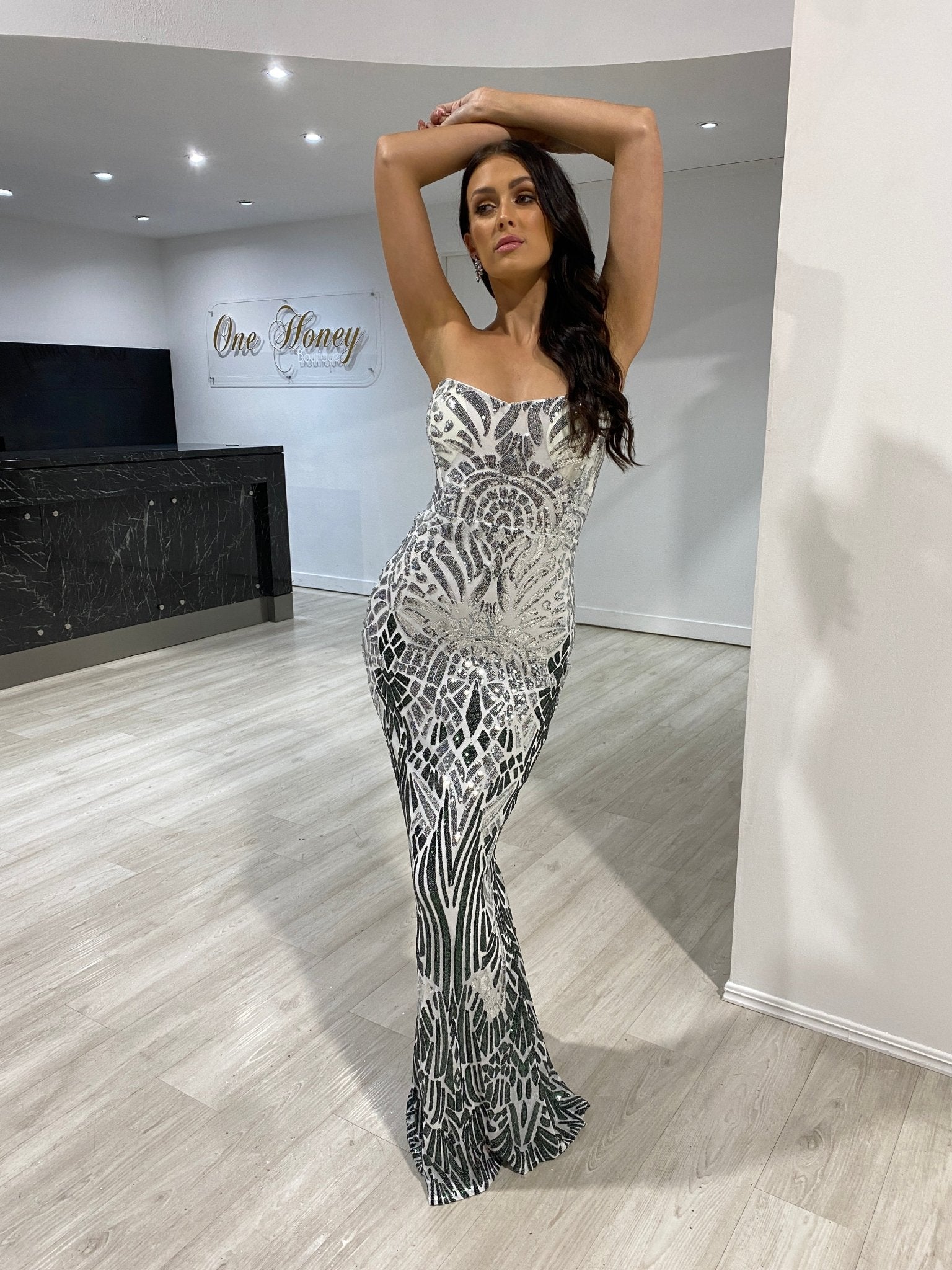 Honey Couture CIENNA White Silver & Black Lace Up Mermaid Formal Dress in Australia | One Honey Boutique
