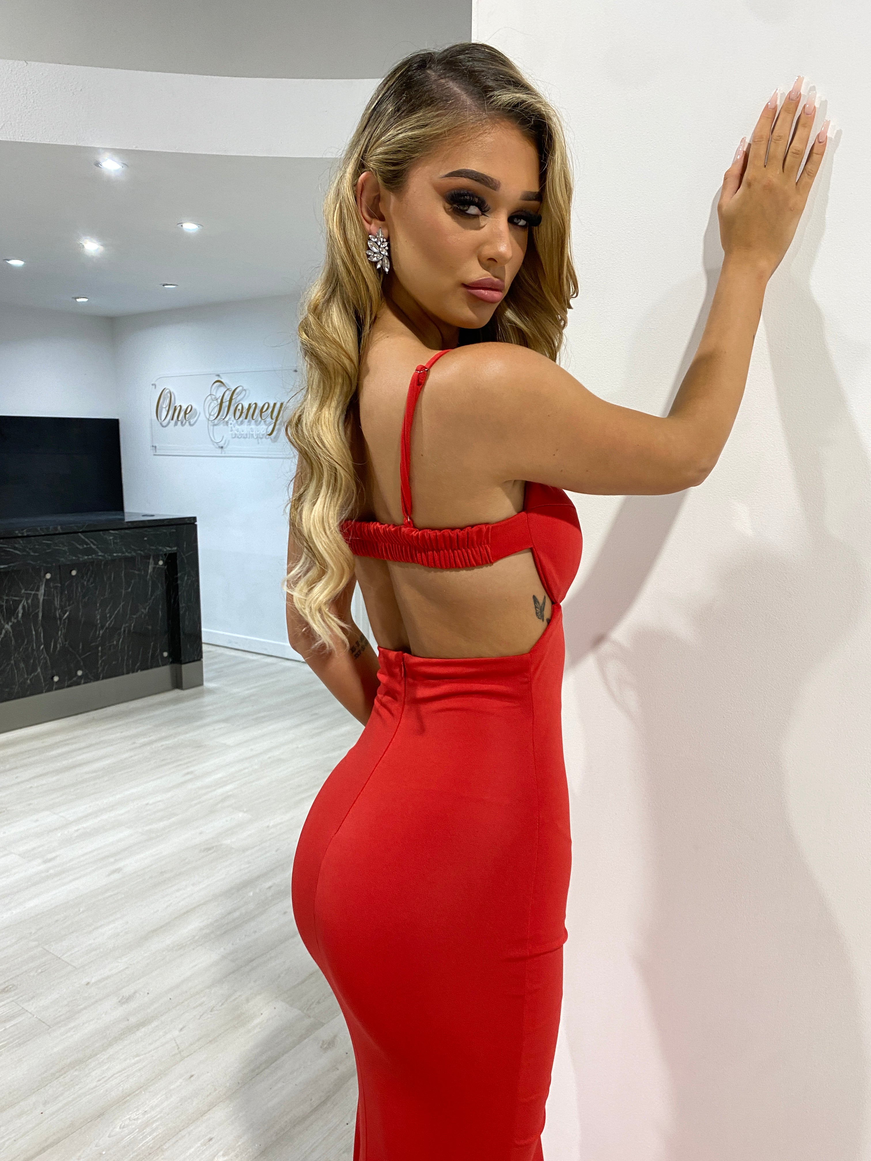 Honey Couture CHARITY Red Bustier Bralette Cut Out Waist Mermaid Formal Dress