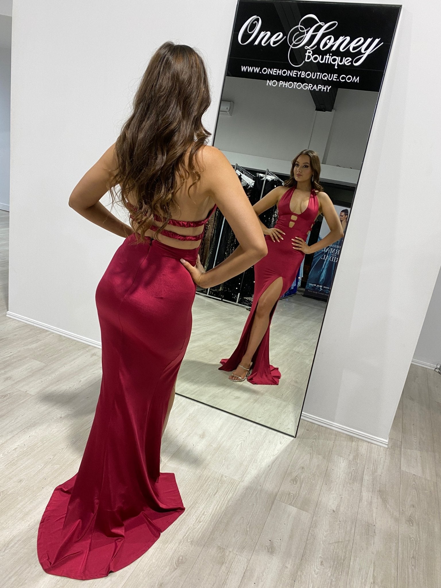 Honey Couture LEYA Burgundy Plunge Front Halter Formal Dress in Australia | One Honey Boutique