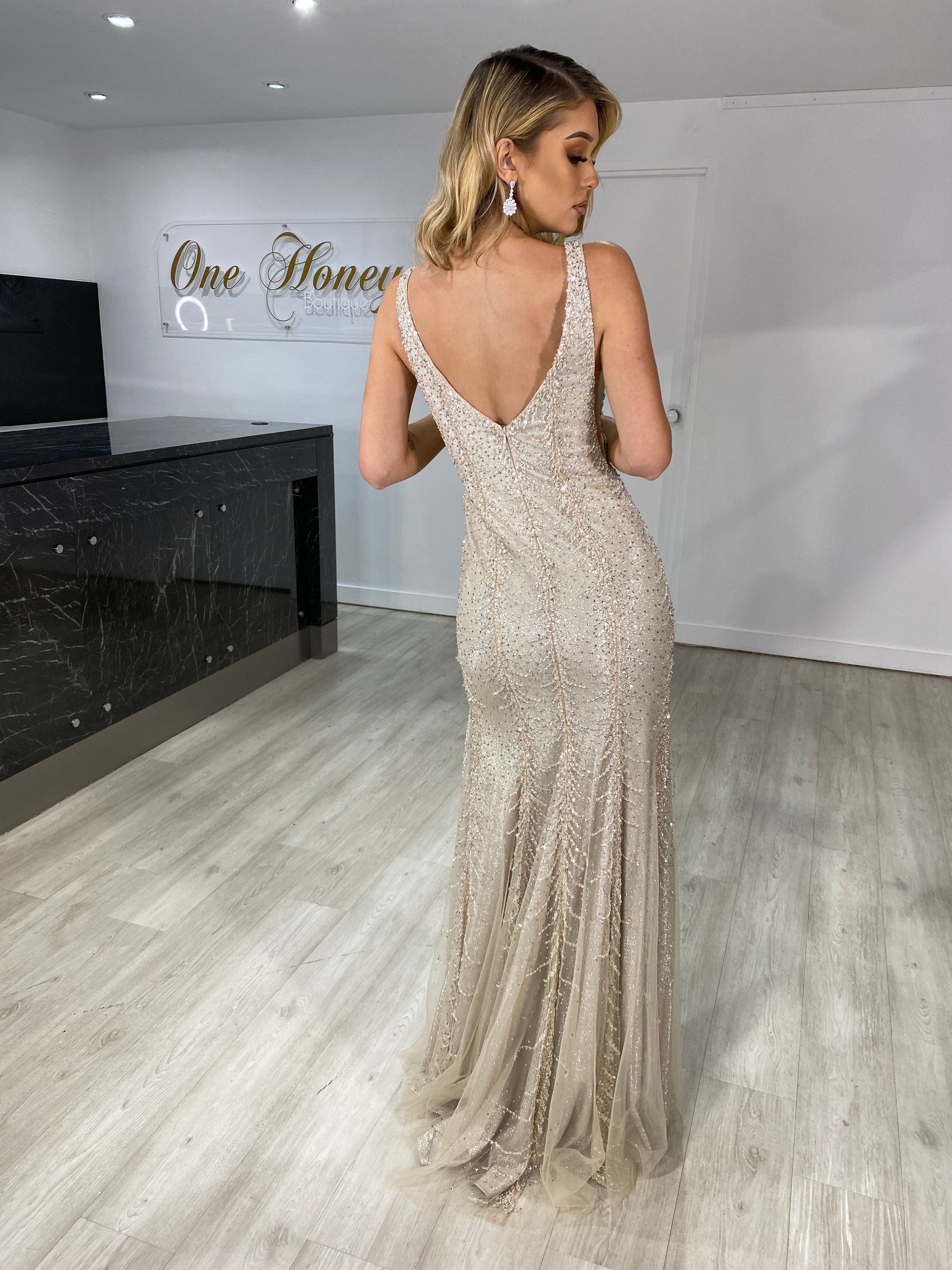 Honey Couture ALEYANDRA Champagne Silver Beaded Sequin Lace Up Formal Dress