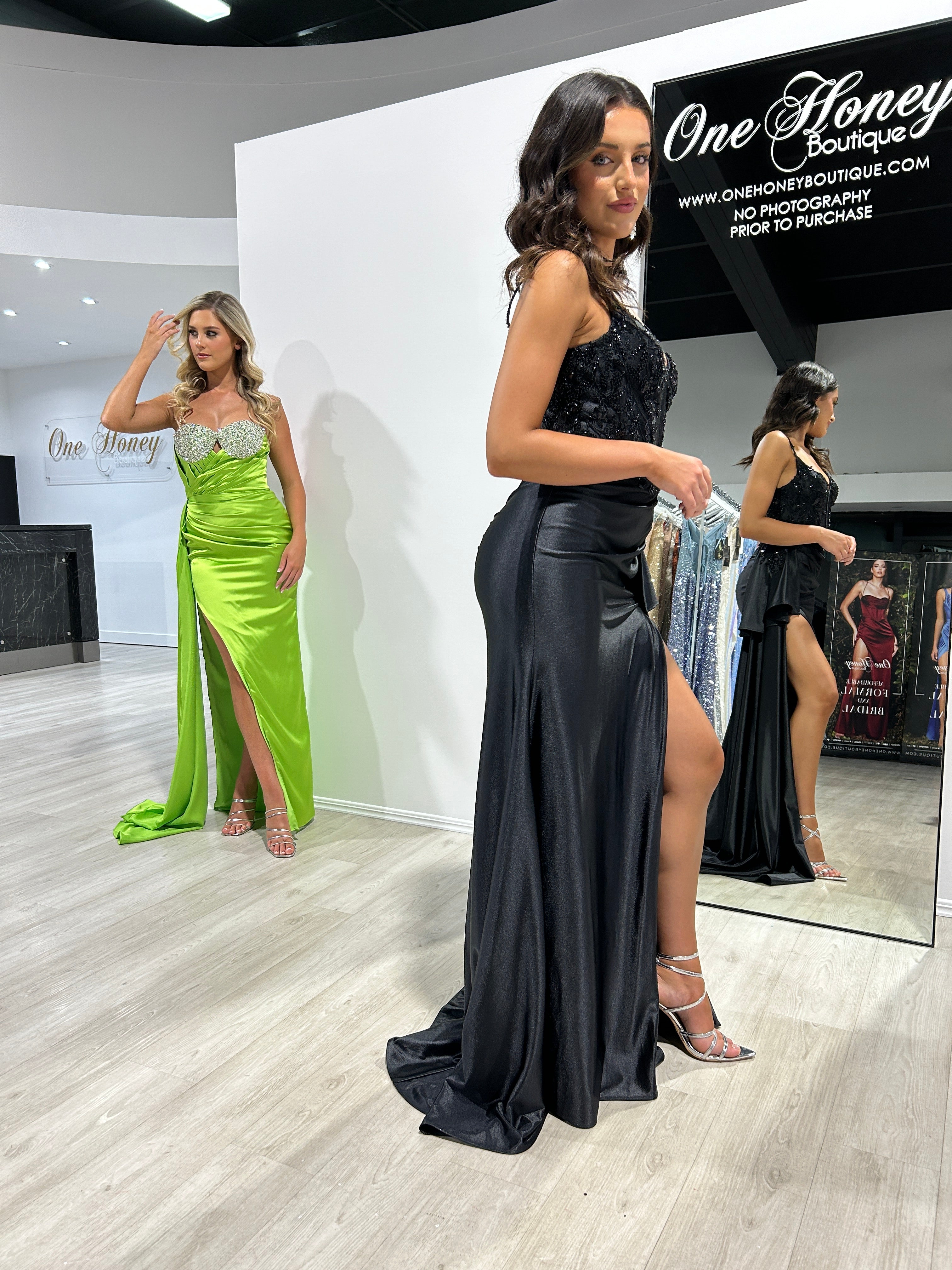 Honey Couture JAMILLA Black Satin Beaded Detail Corset Bustier Formal Dress