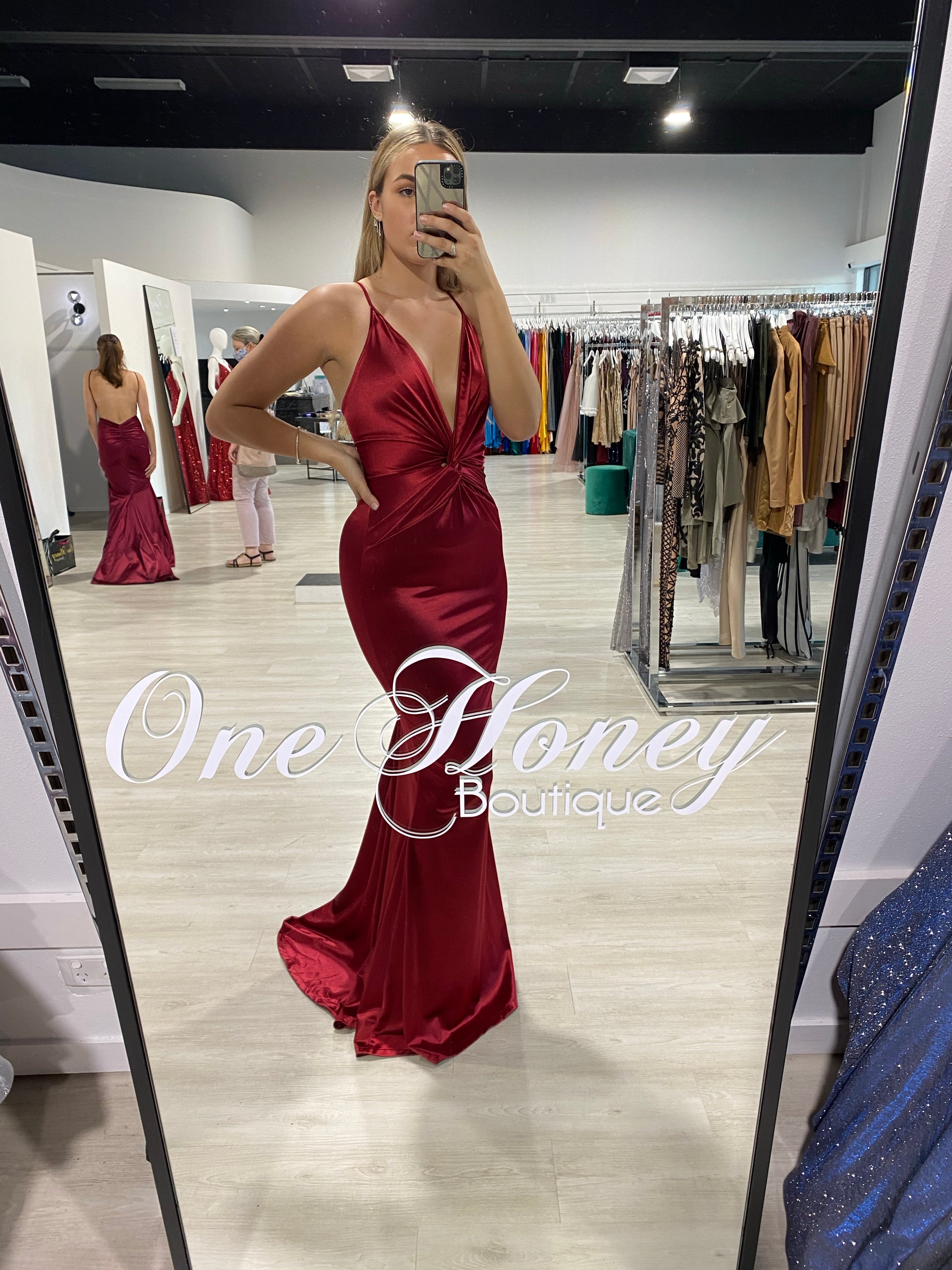 Honey Couture JUSTICE Burgundy Open Back Mermaid Evening Gown Dress