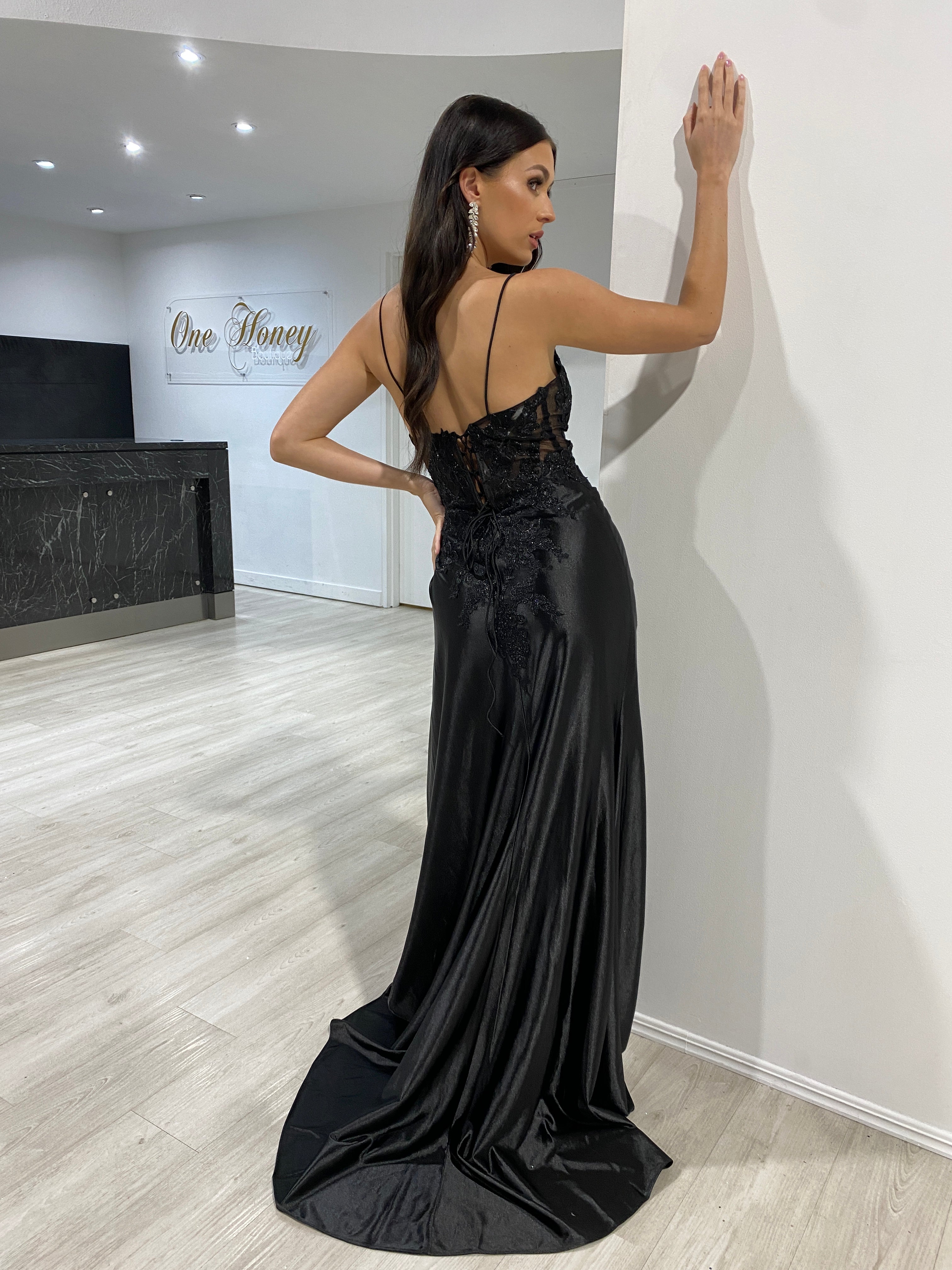 Honey Couture ALVA Black Silky Lace Trim Corset Back Formal Dress