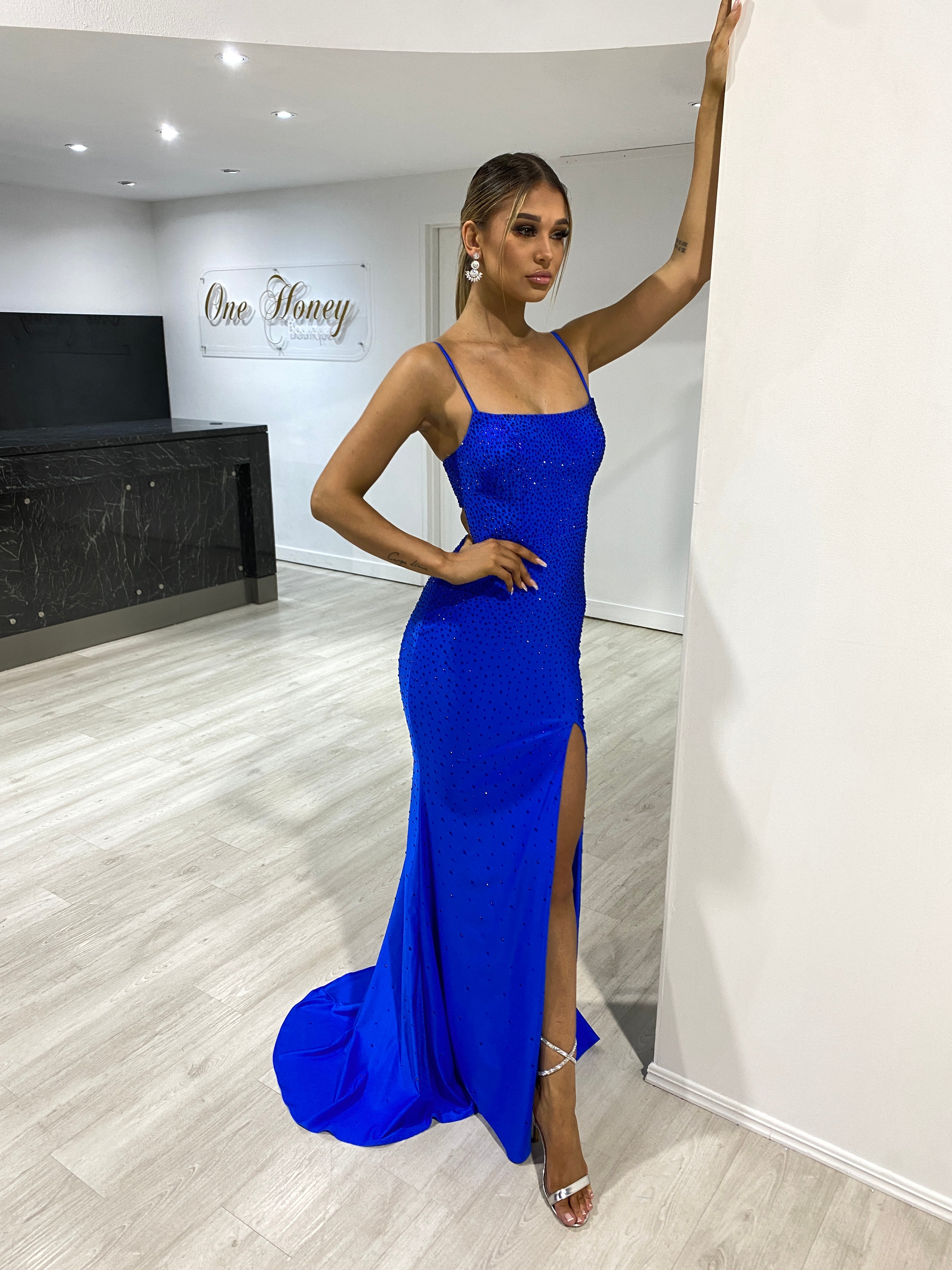 Honey Couture ELANA Royal Blue Diamante Bustier Lace Up Formal Dress