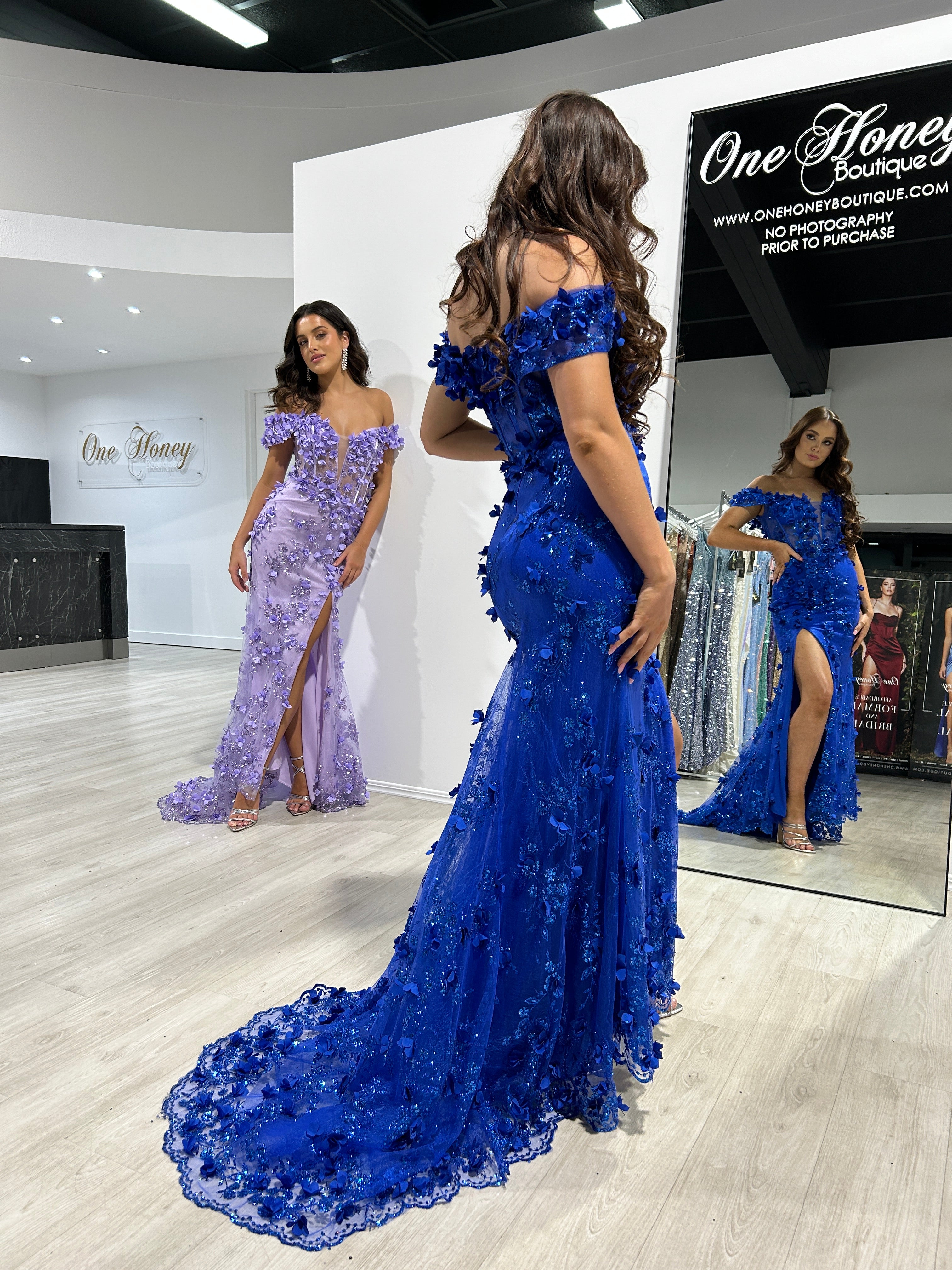 Honey Couture LARRISA Lavender Glitter off the Shoulder Mermaid Formal Dress