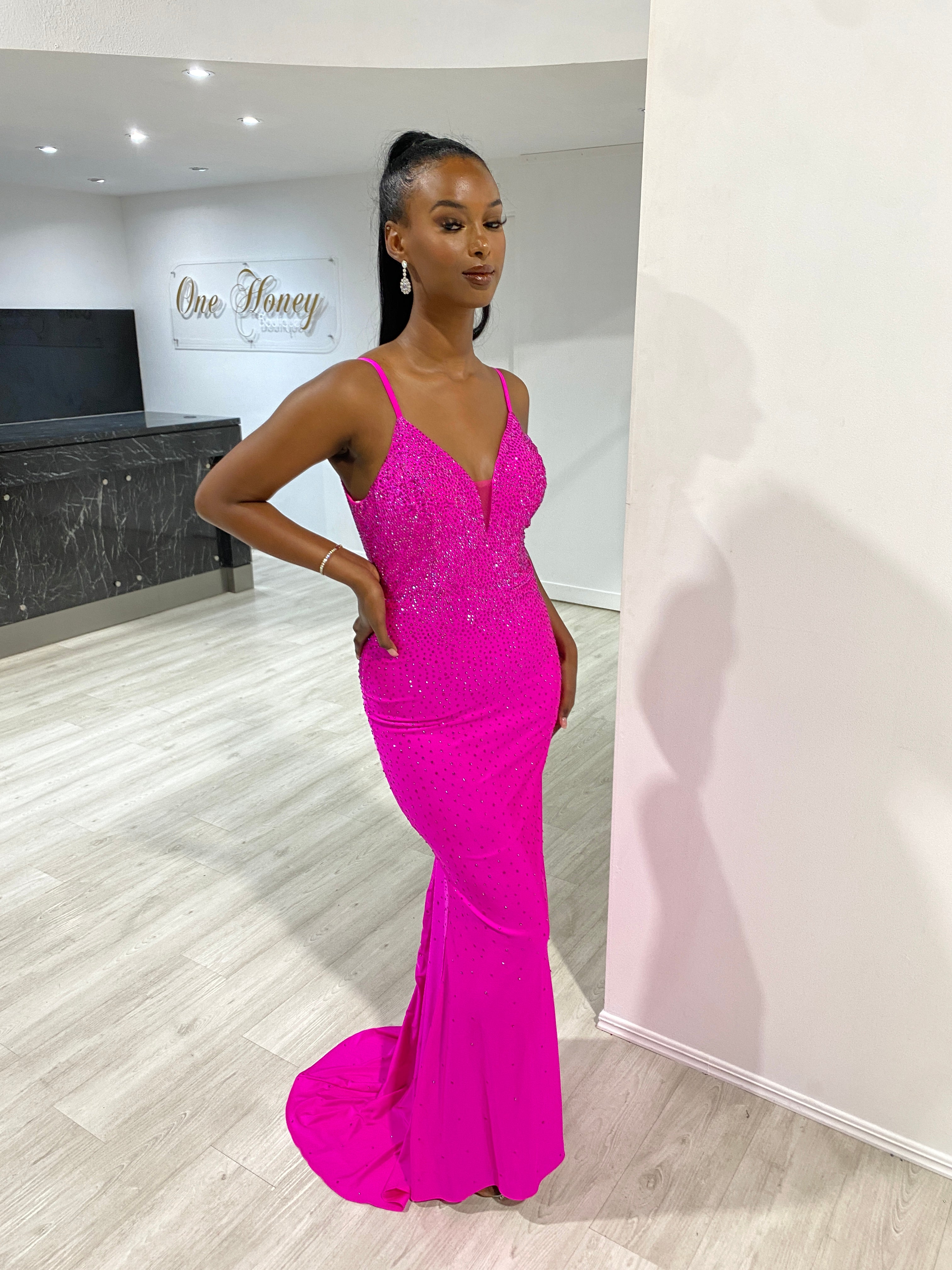 Honey Couture MARISE Fuchsia Hot Pink Diamante Feature Mermaid Formal Dress