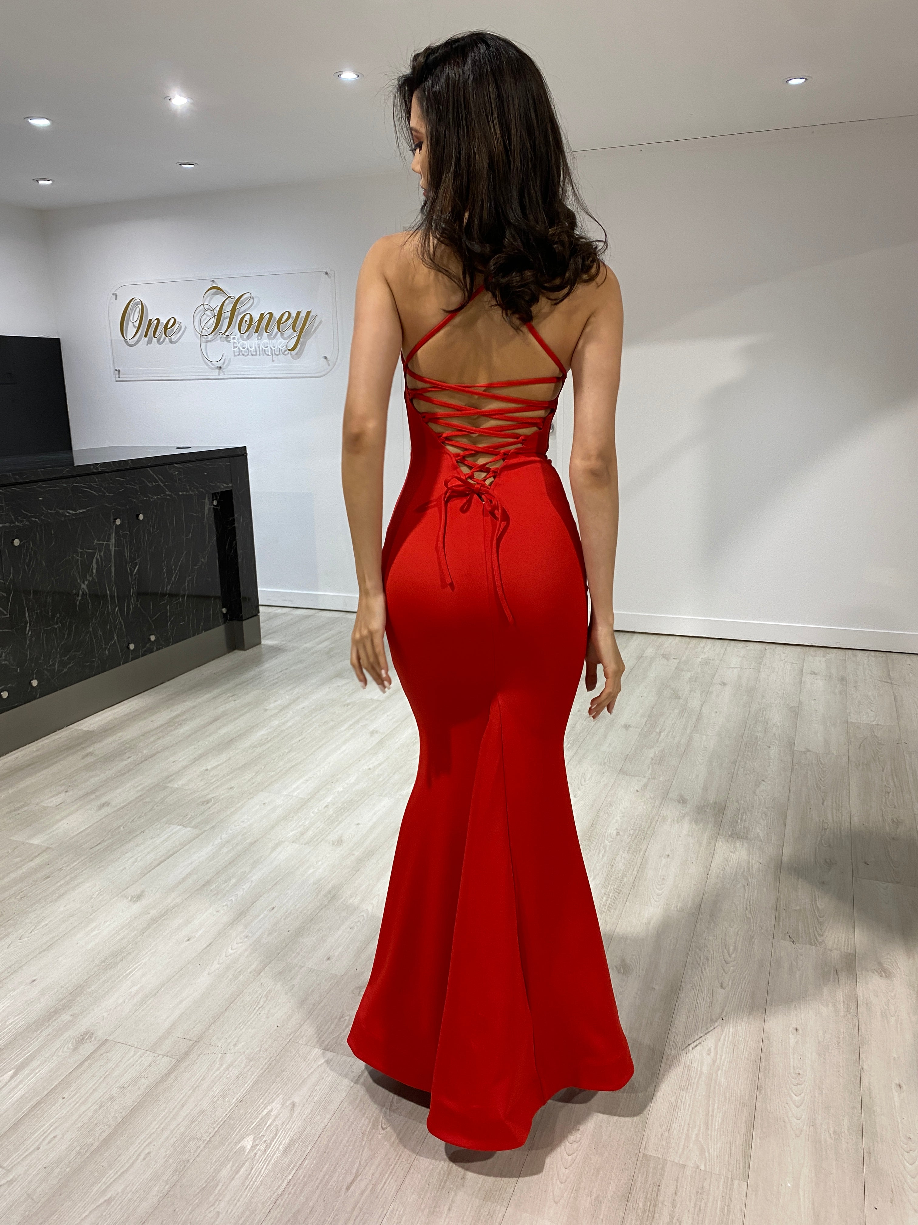 Honey Couture DESERIEE Red Open Lace Up Back Mermaid Formal Dress
