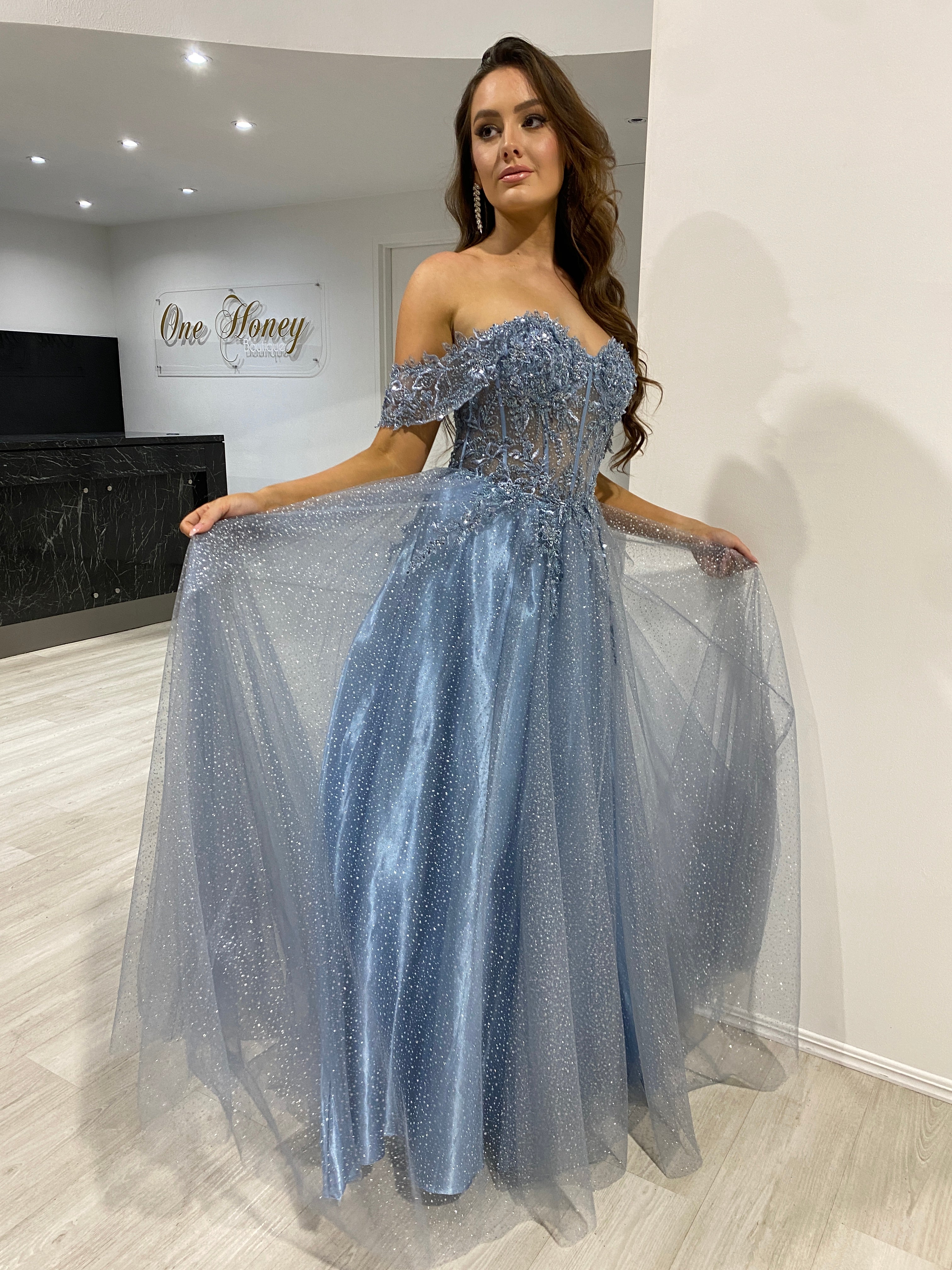 Honey Couture PHOEBE Smokey Blue Off the Shoulder Bustier Lace Applique Tulle Formal Dress
