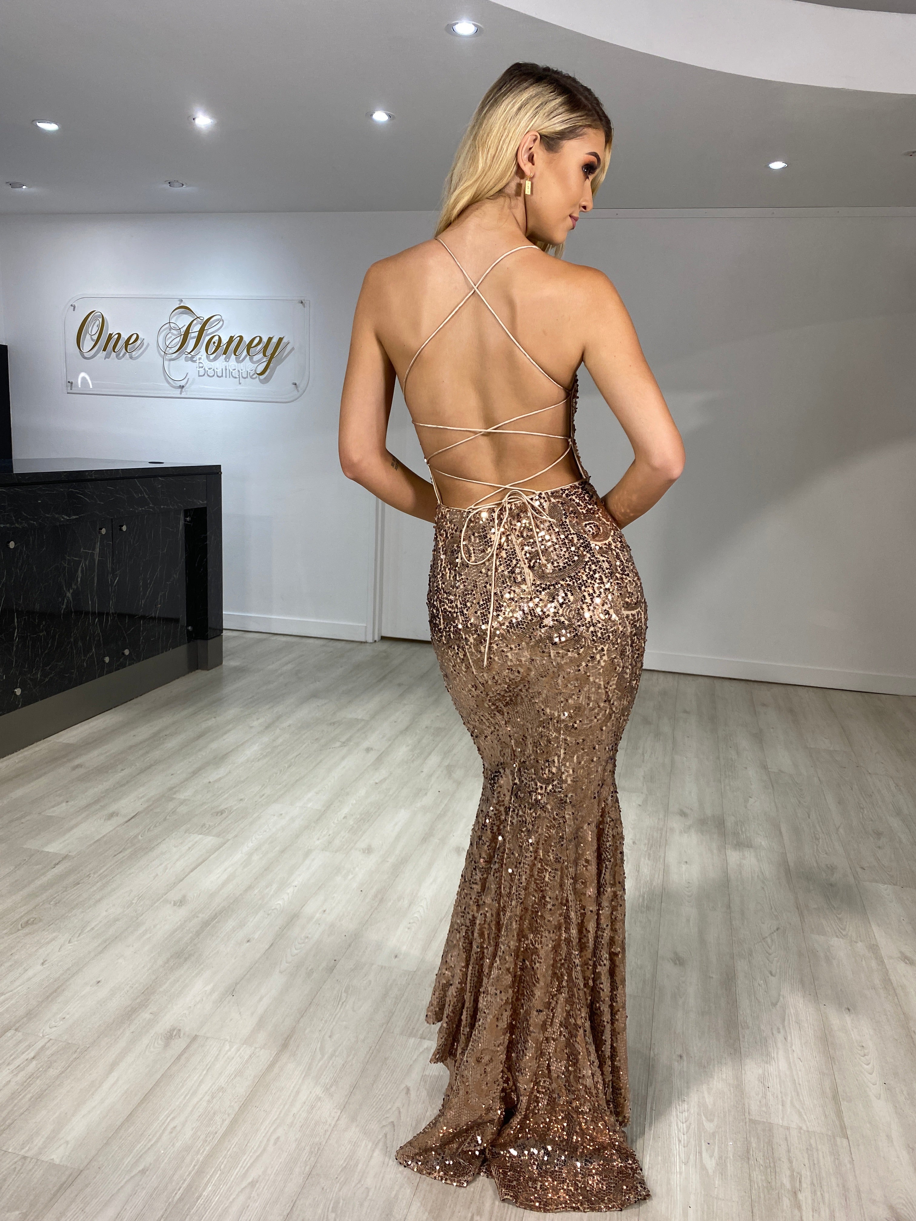 The ZOE Rose Gold Sequin Mermaid Formal Gown