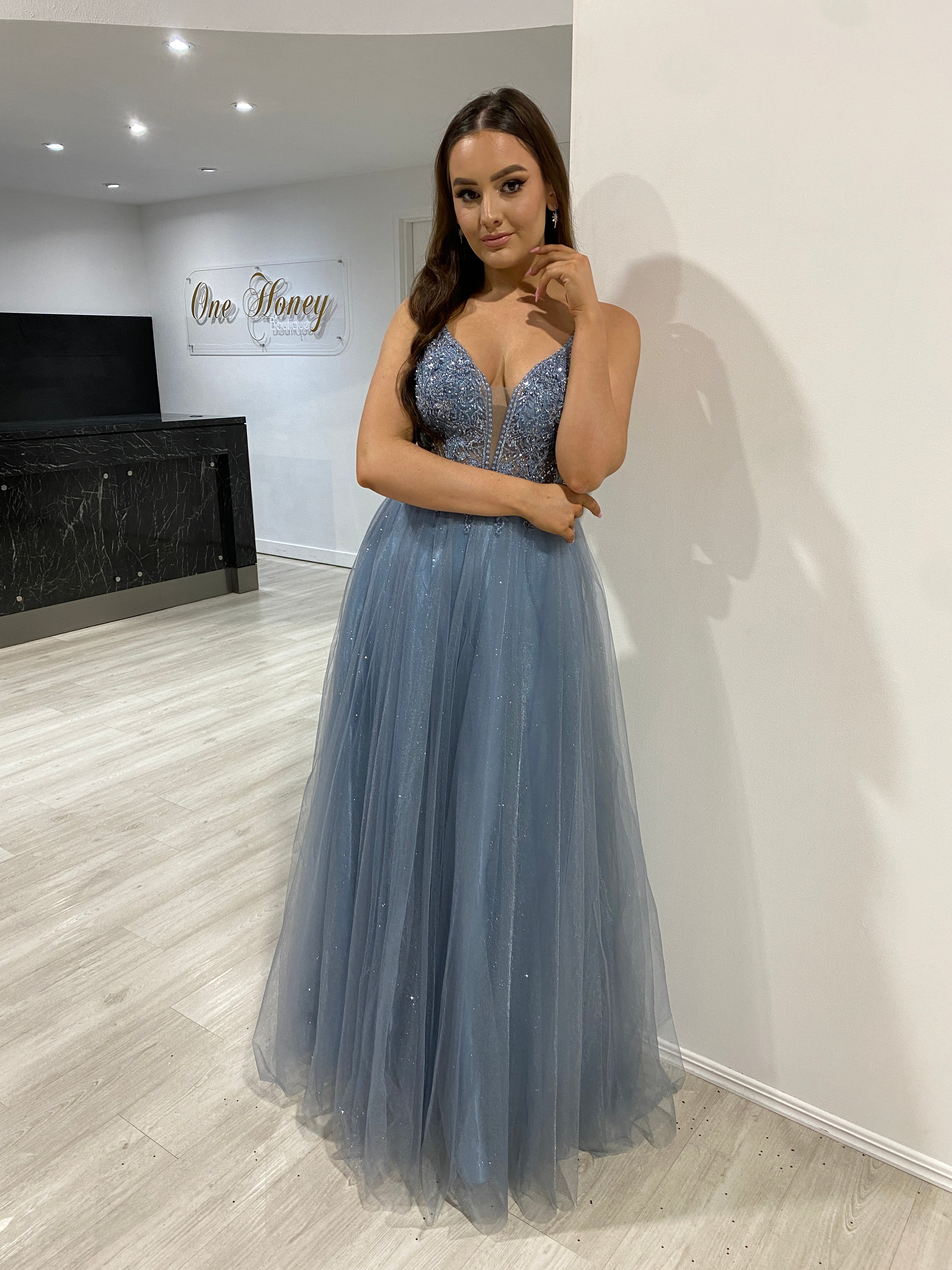 Honey Couture AMORET Smokey Blue Tulle Formal Dress