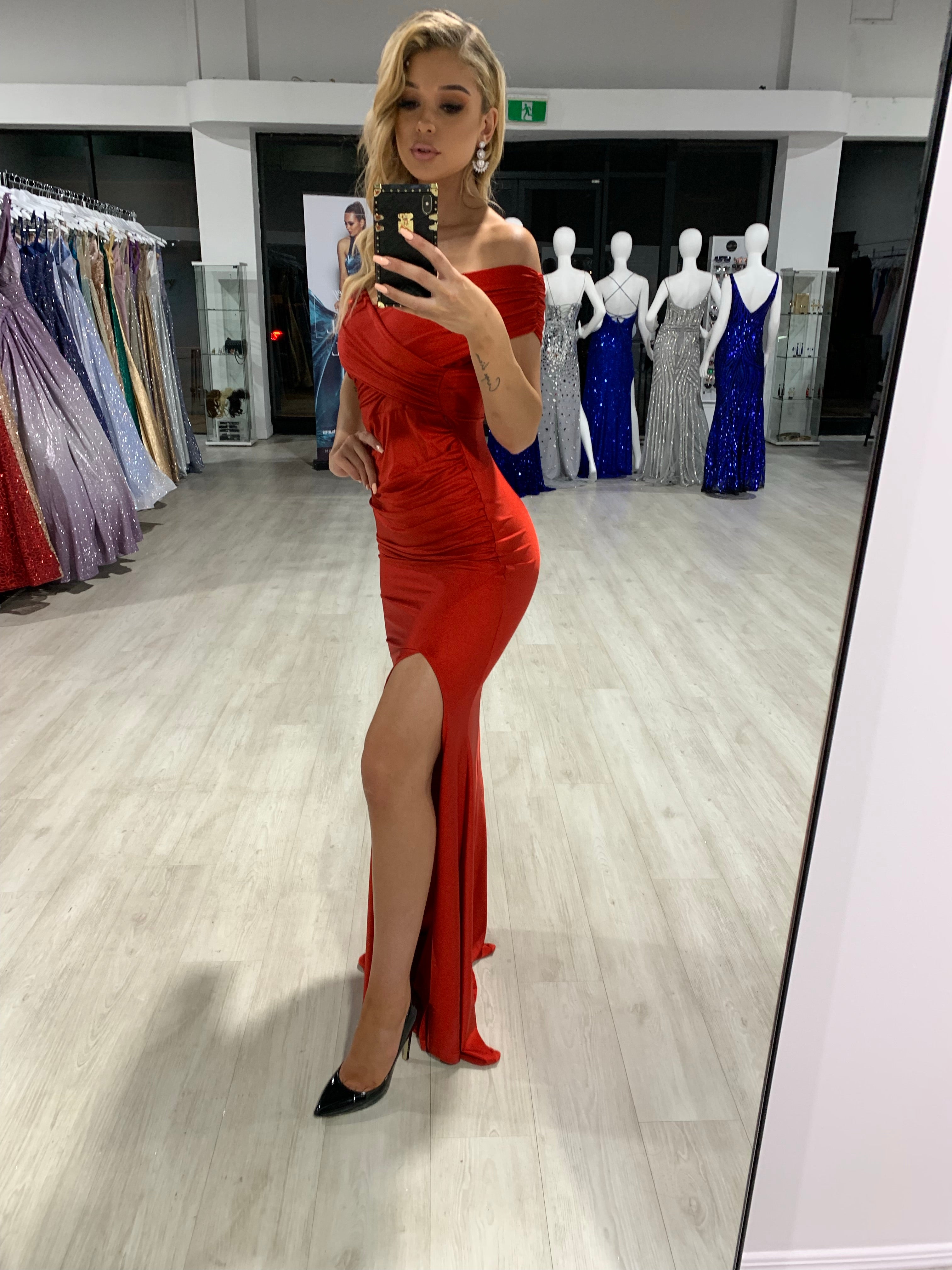 Honey Couture ADELE Red Off Shoulder Formal Dress