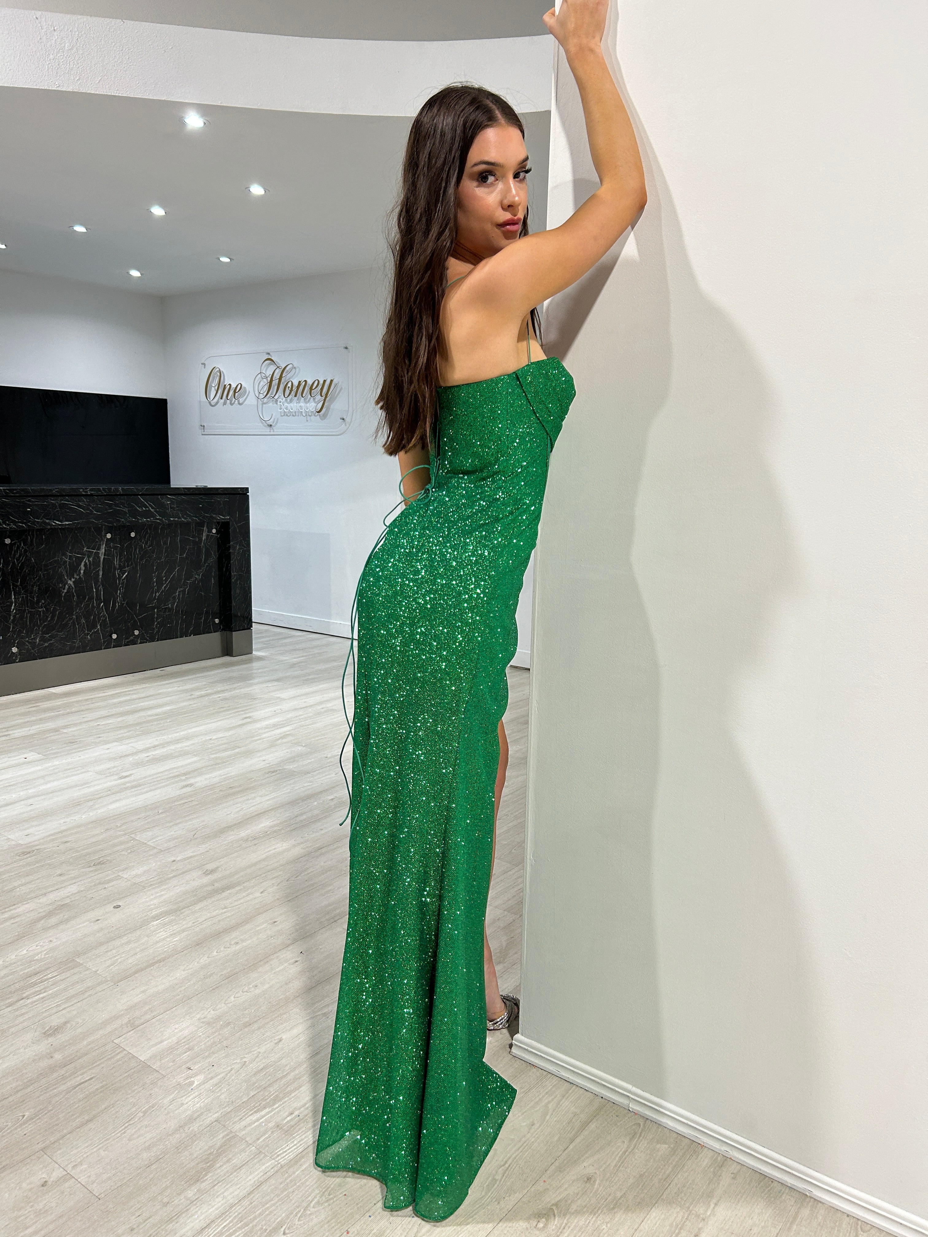 Honey Couture DAYA Emerald Glitter Corset Bustier Mermaid Formal Gown Dress