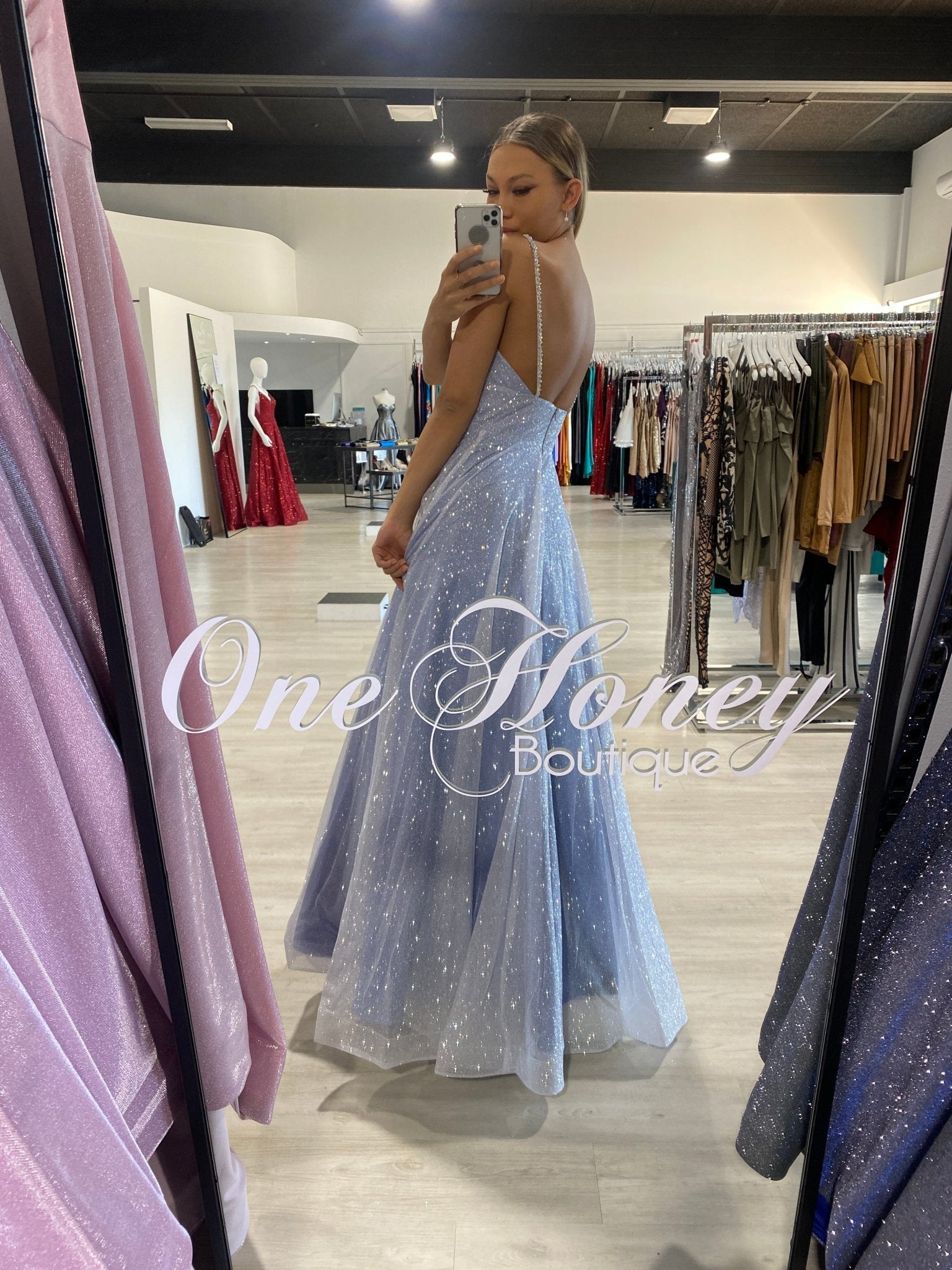 LIVIA Baby Blue Silver Glitter Ball Gown Formal Dress in Australia | One Honey Boutique