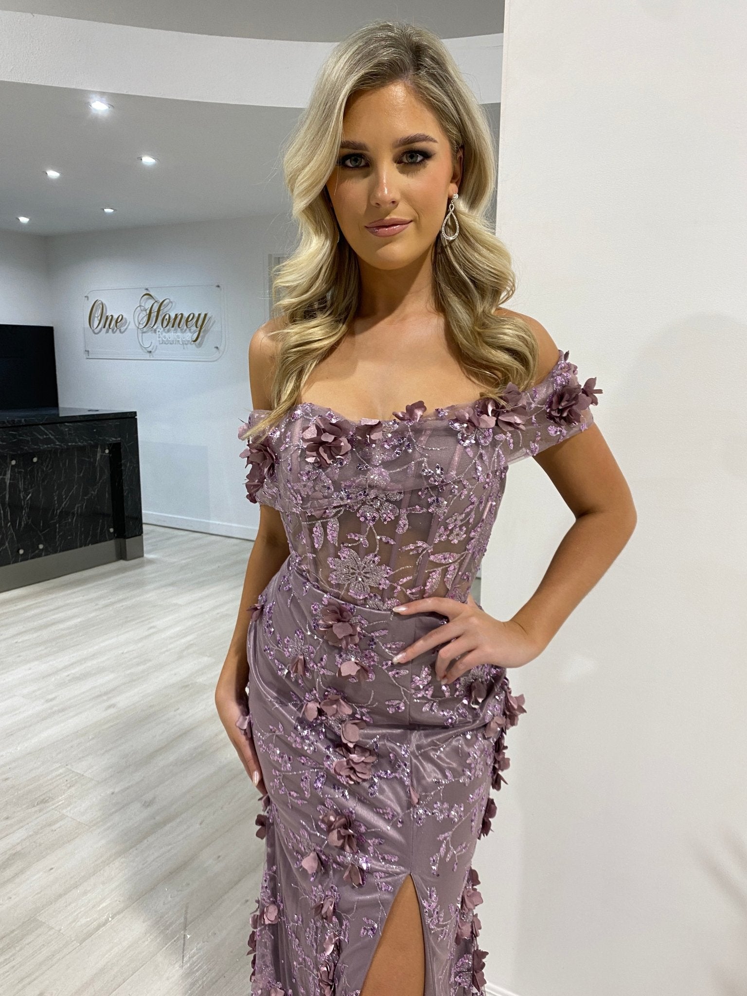 Honey Couture ZOA Mauve Off the Shoulder 3D Flower Glitter Mermaid Formal Dress in Australia | One Honey Boutique