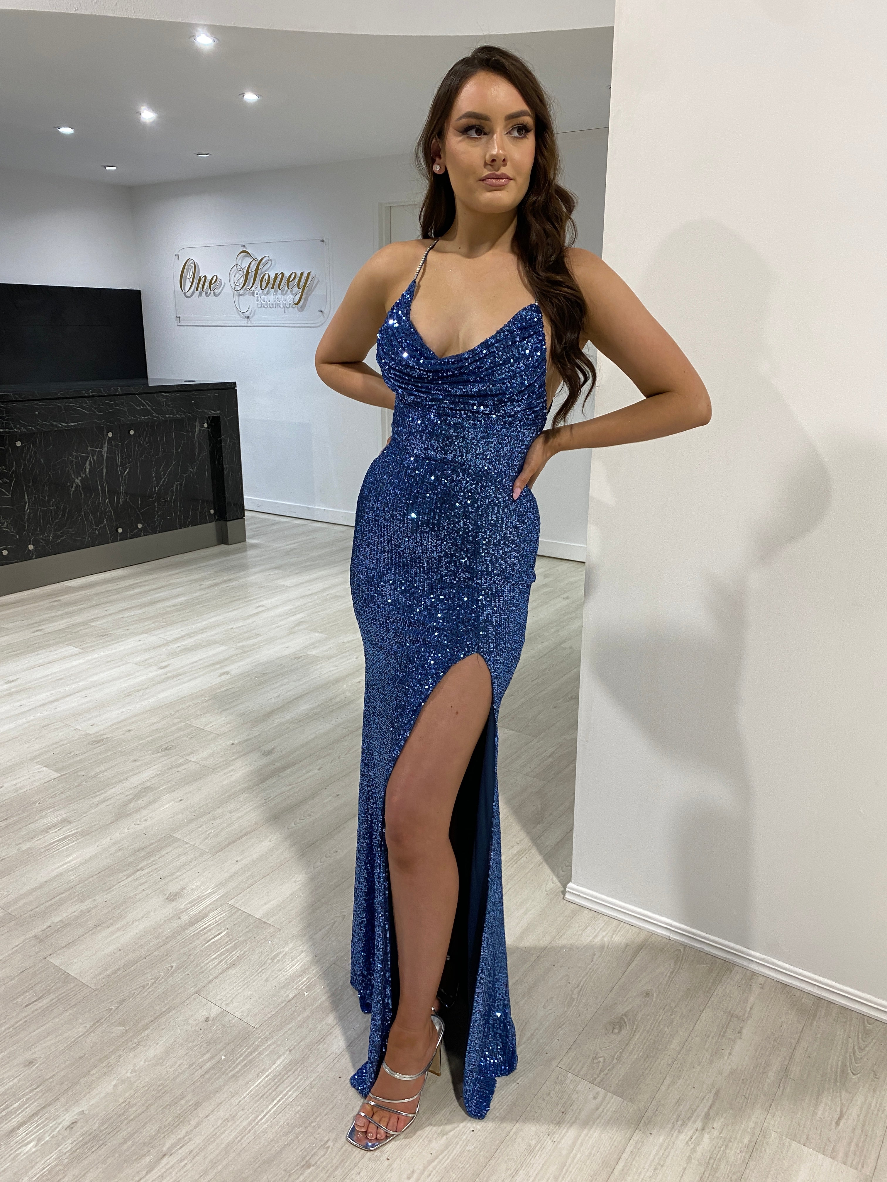 Honey Couture CELESTE Lapis Blue Diamante Strap Sequin Lace Up Formal Dress