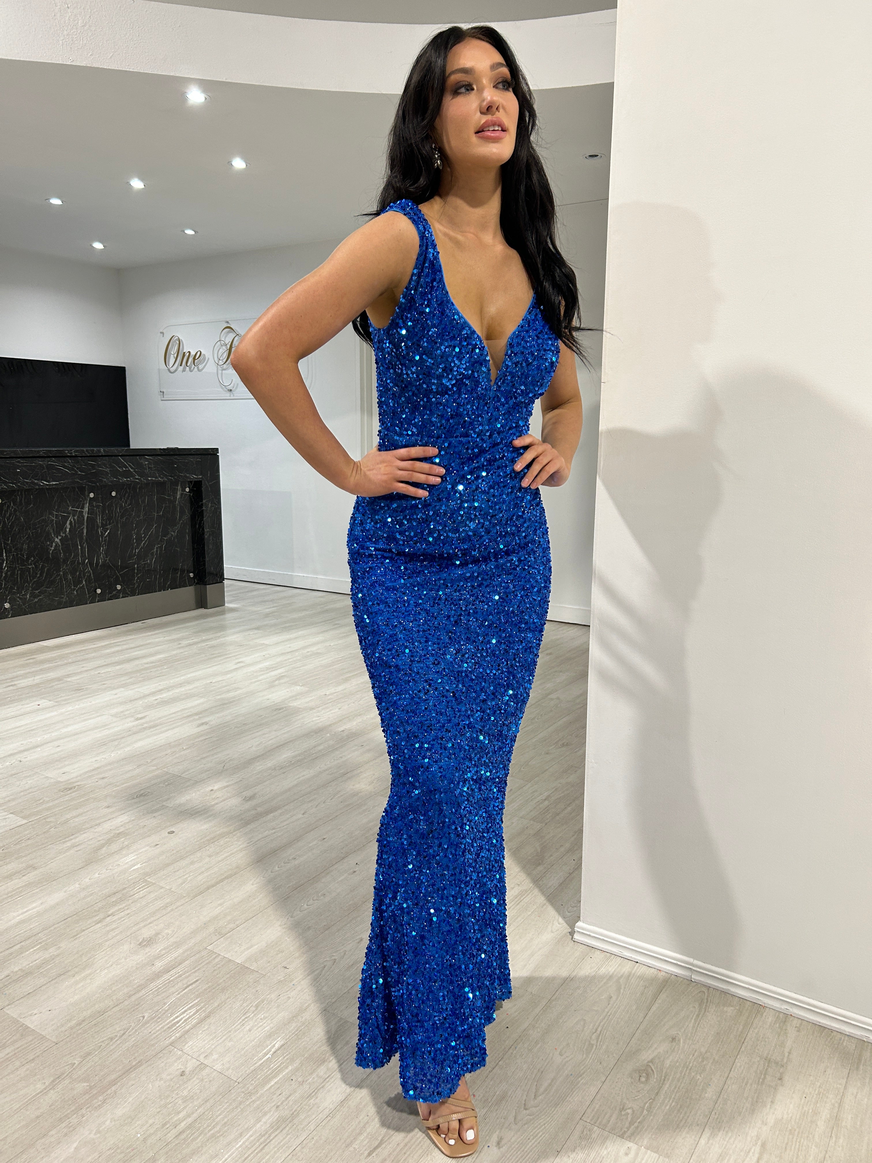 Honey Couture LARA Electric Blue Sequin Thick Strap Mermaid Formal Dress