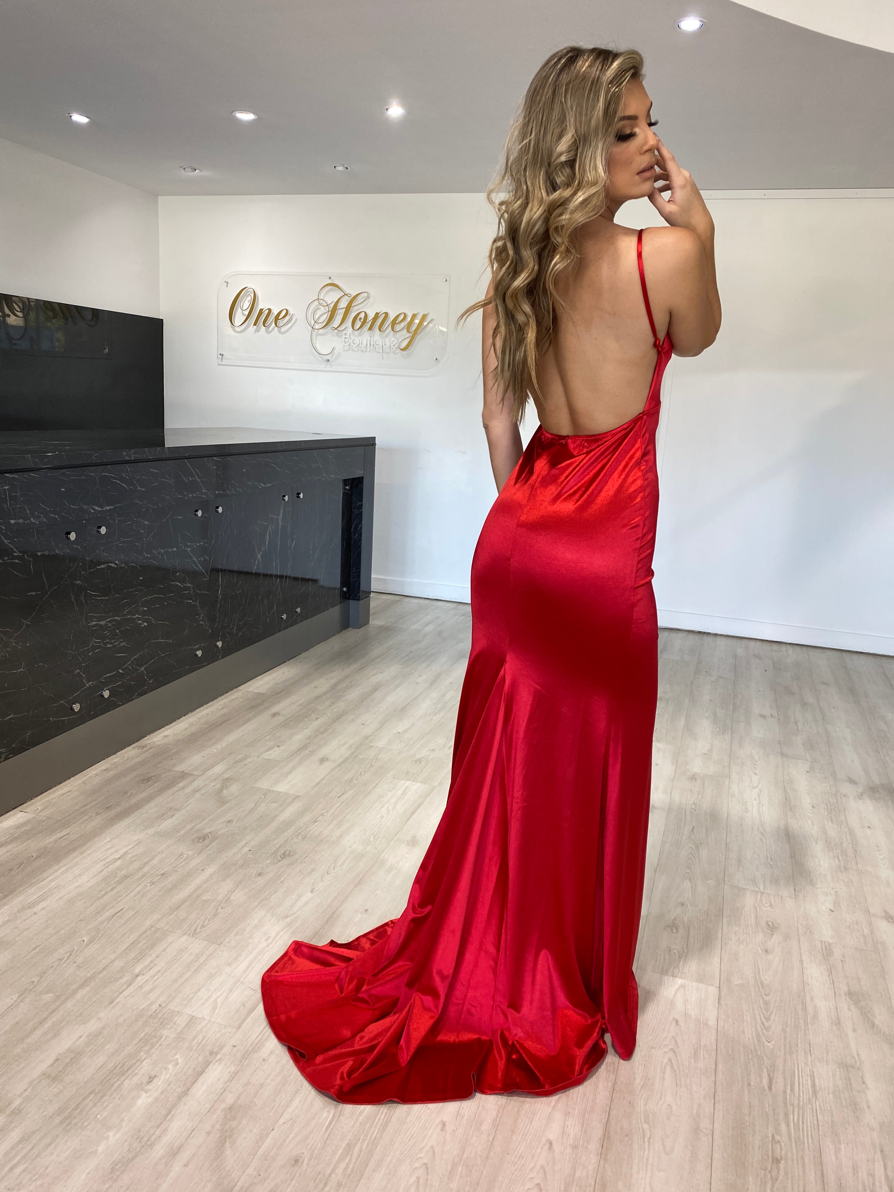 Honey Couture RILEY Red Low Back Mermaid Evening Gown Dress