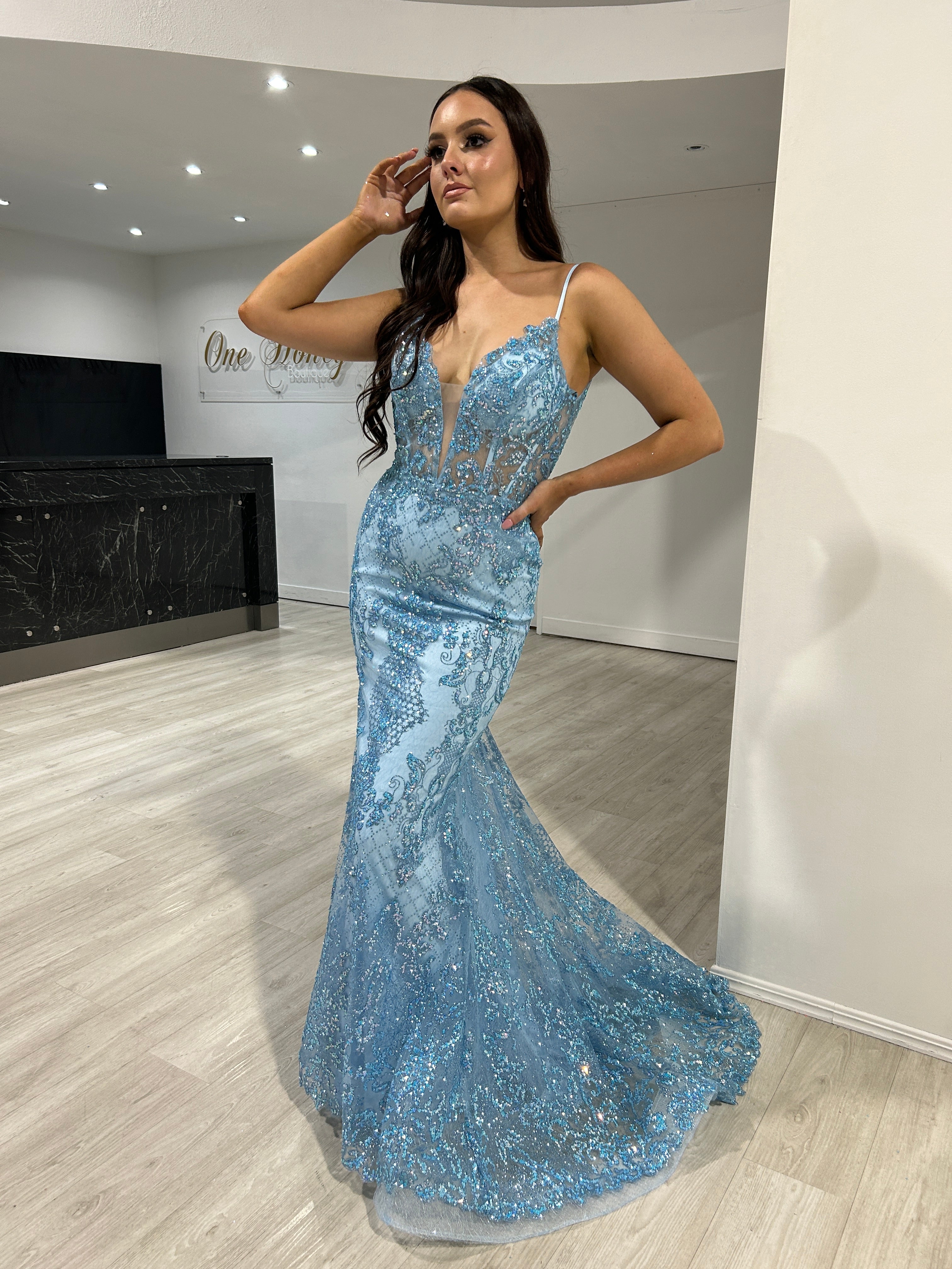 Honey Couture PETRA Blue Sequin V Front Corset Mermaid Formal Gown Dress
