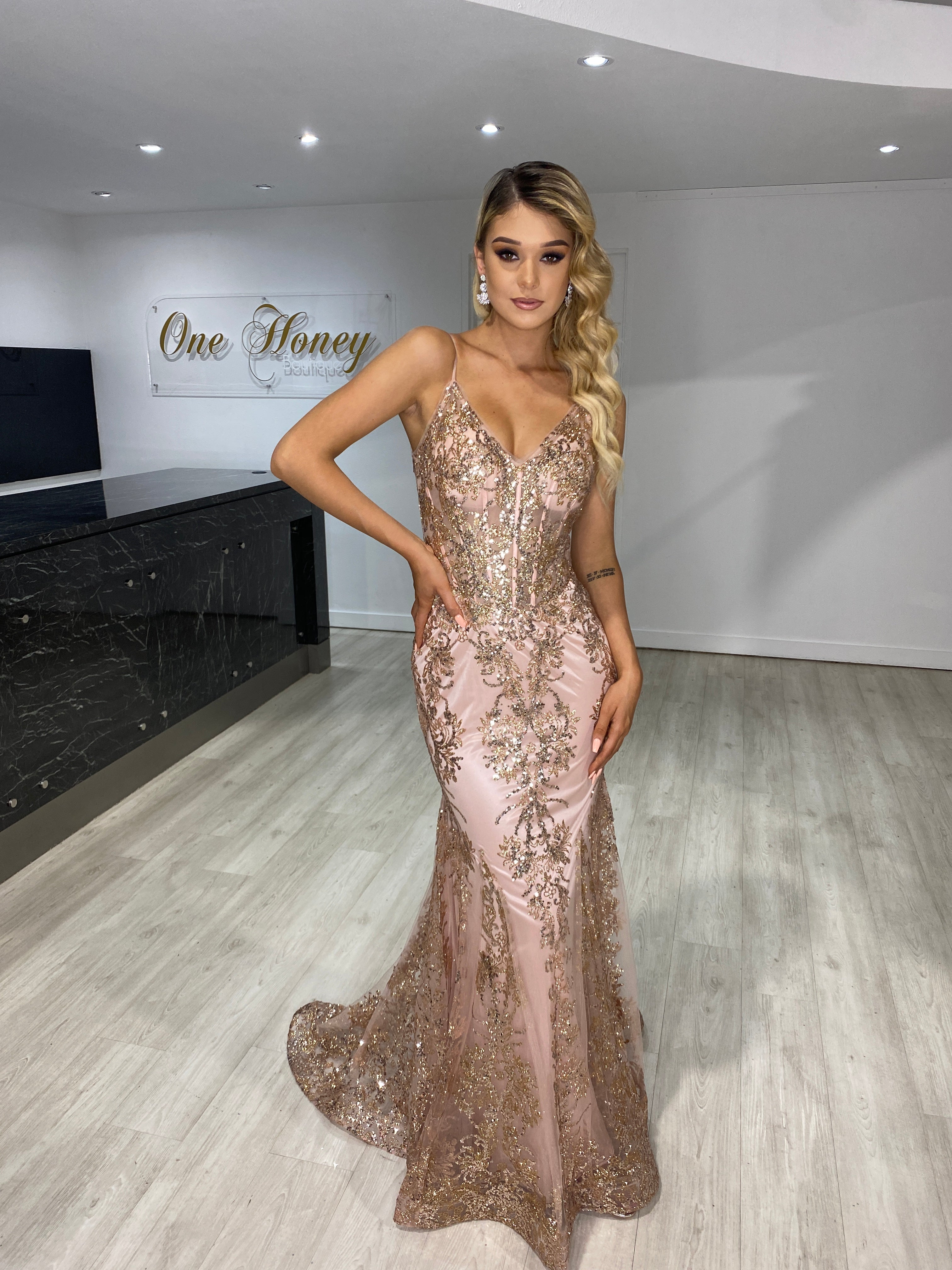 Honey Couture CAROLE Rose Gold Sequin Corset Mermaid Formal Gown Dress