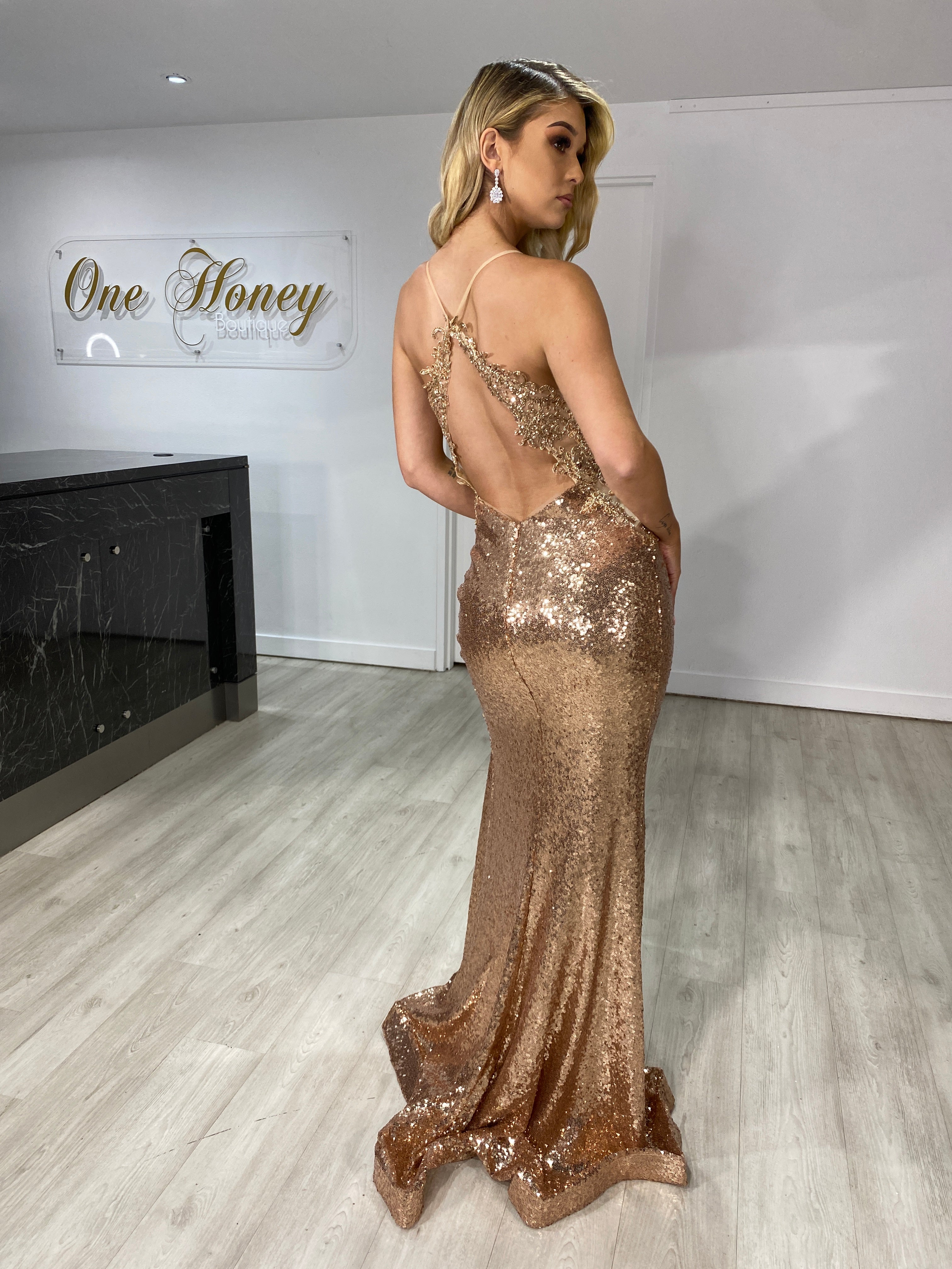 Honey Couture ASHLEY Gold Sequin w Lace Low Back Mermaid Formal Dress