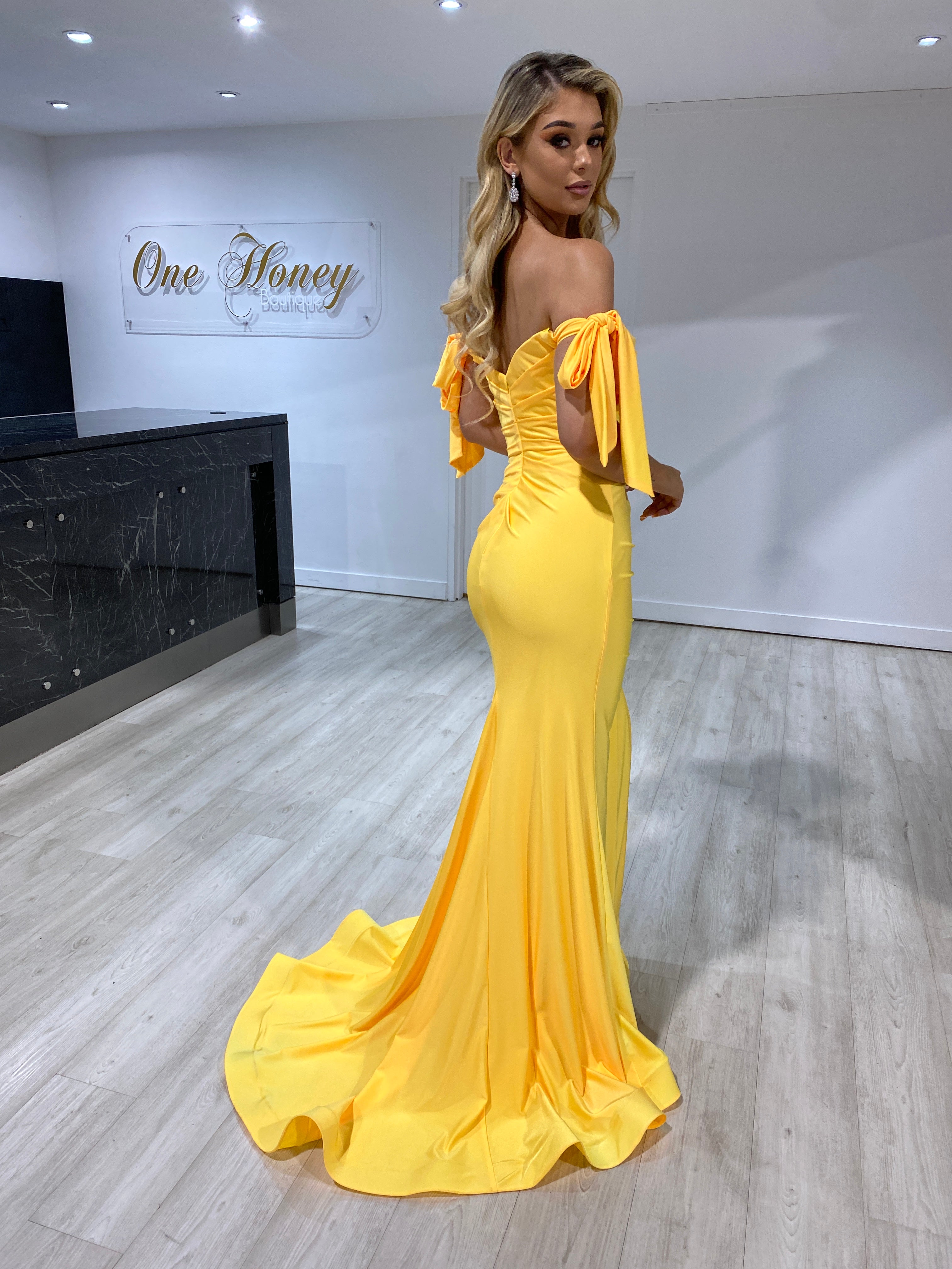Honey Couture BELLE Yellow Off Shoulder Mermaid Formal Dress