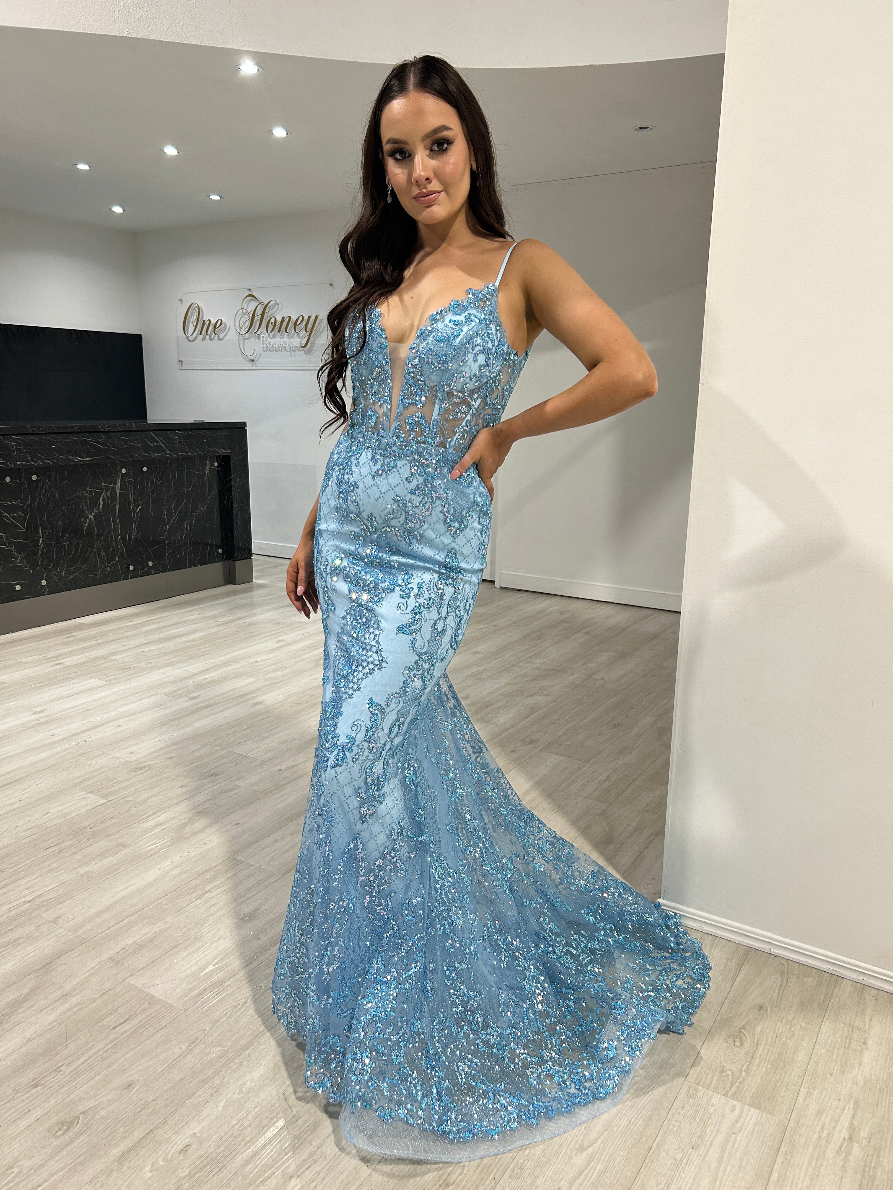 Honey Couture PETRA Blue Sequin V Front Corset Mermaid Formal Gown Dre