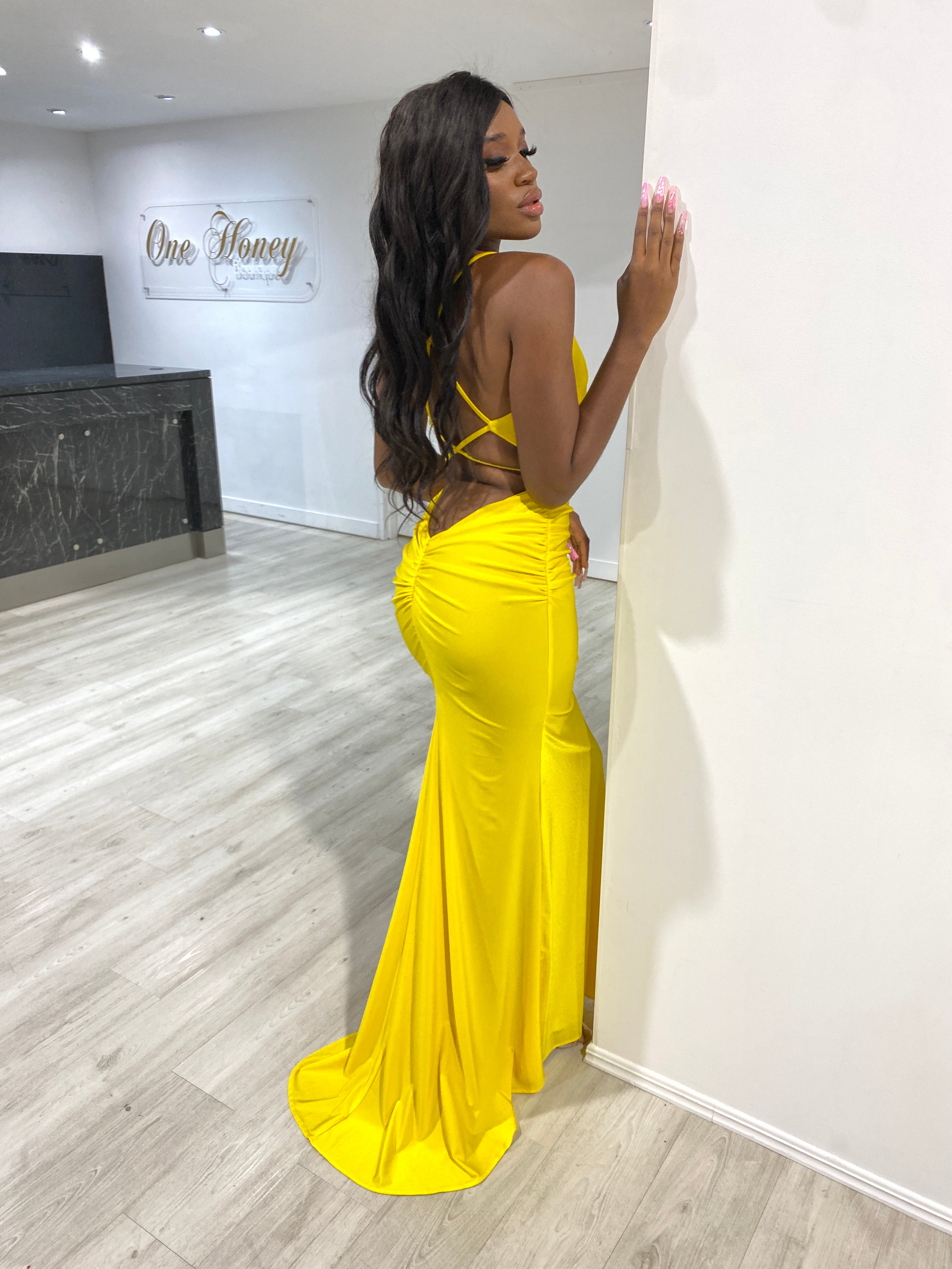 Honey Couture JAZ Neon Yellow Crystal Feature Mermaid Formal Gown