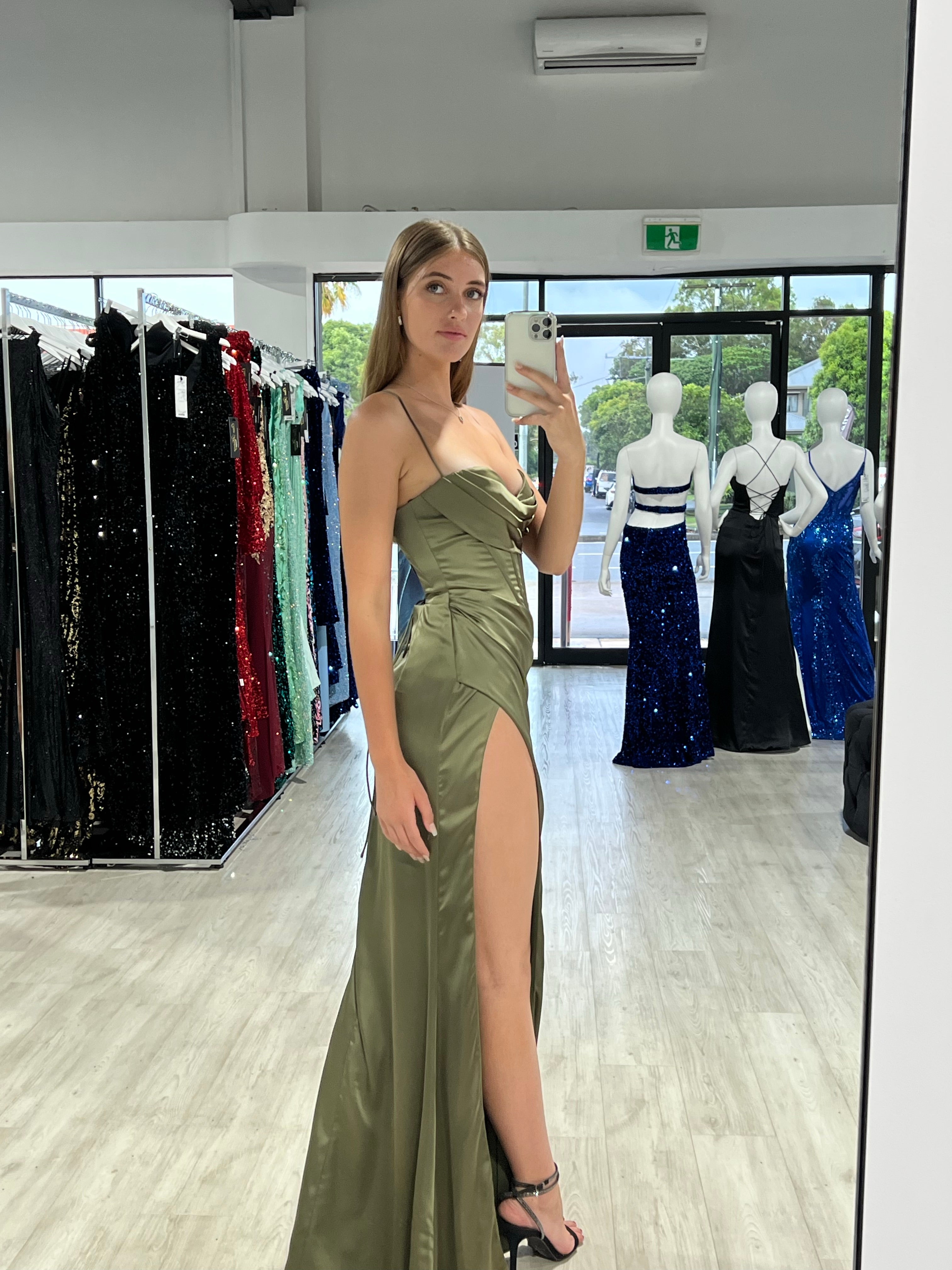 Honey Couture ZENDAYA Olive Green Satin Corset Bustier Leg Split Formal Dress