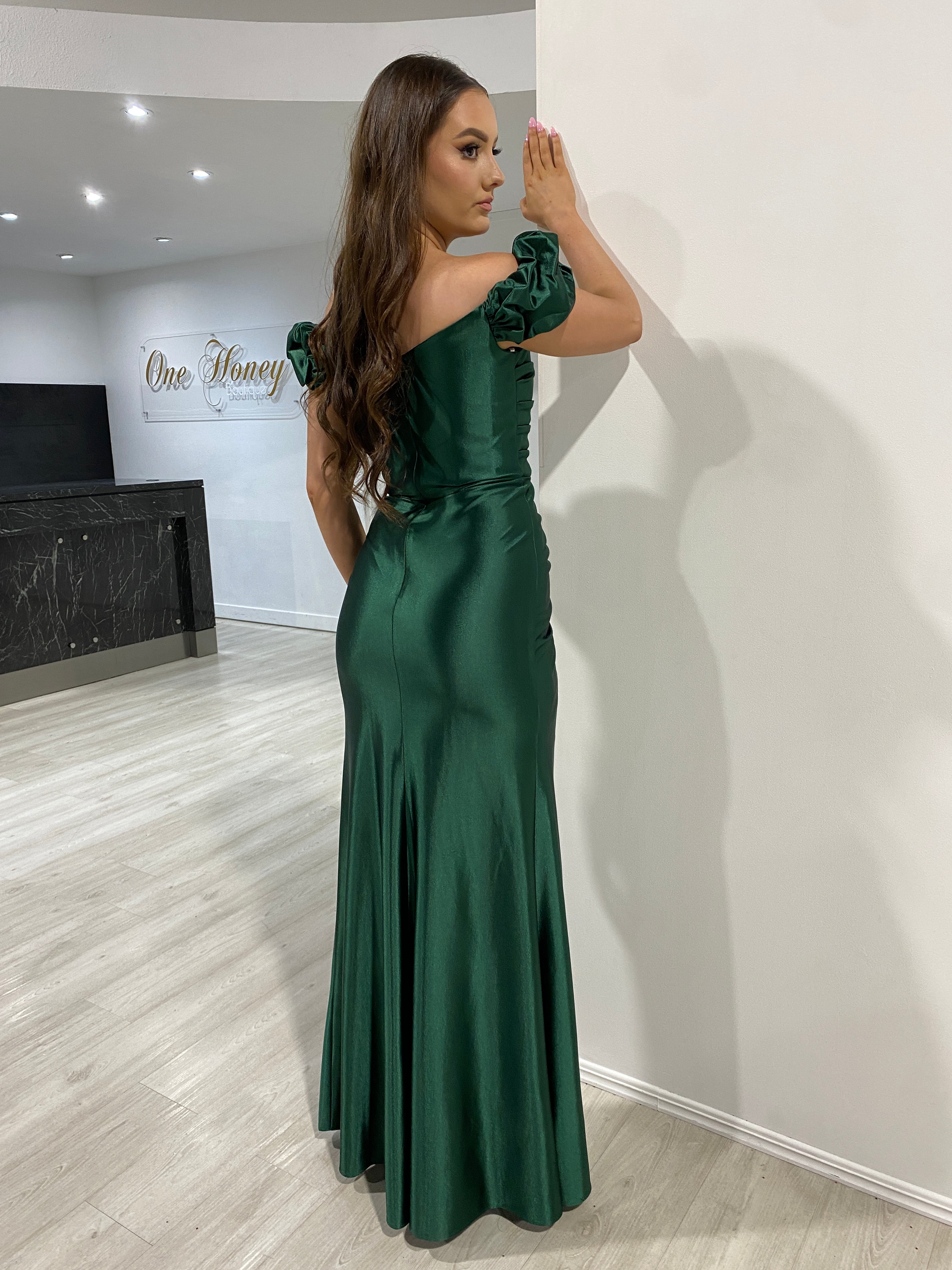 Honey Couture ROBIN Emerald Green Silky Off Shoulder Formal Dress