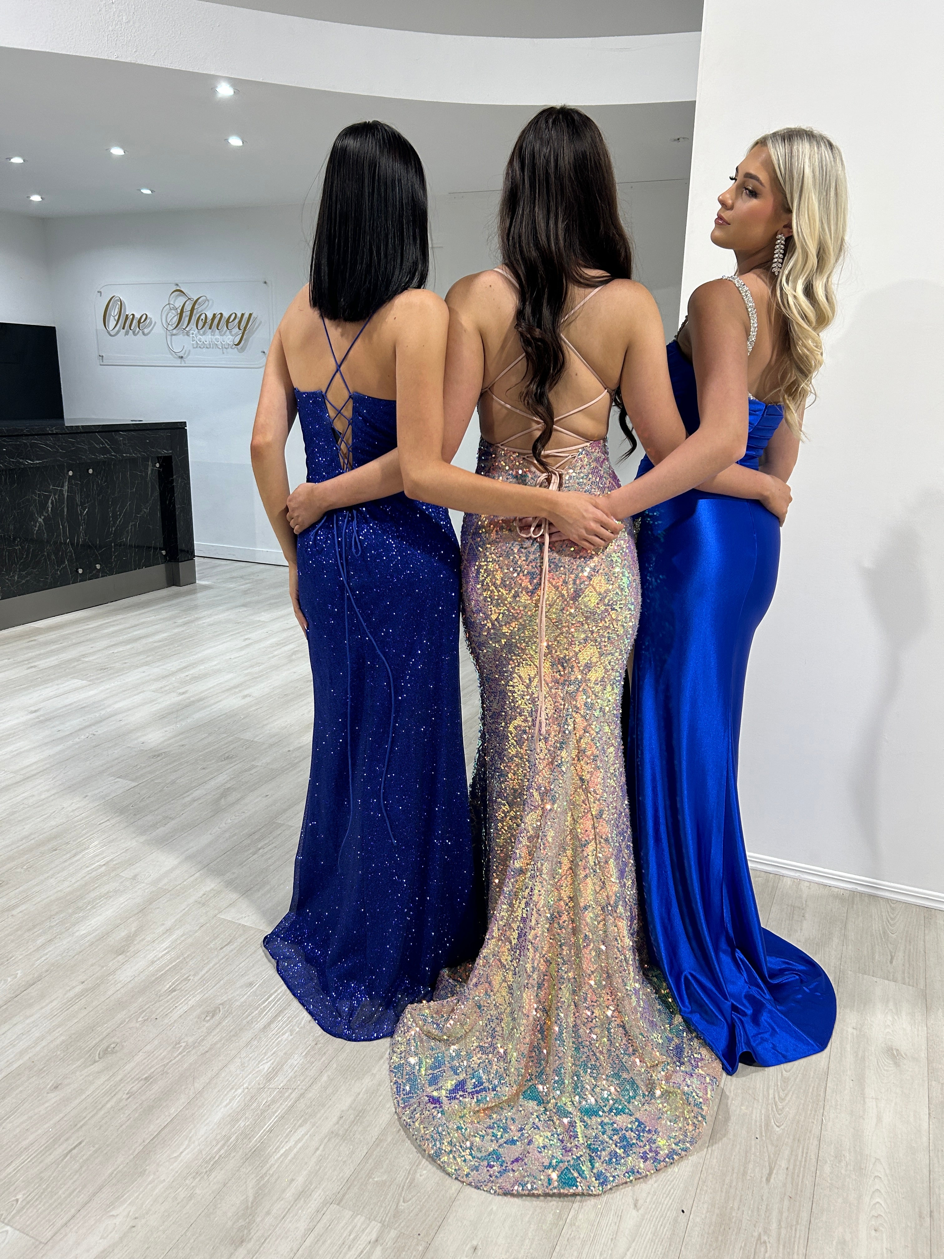 Honey Couture DAYA Royal Blue Glitter Corset Bustier Mermaid Formal Gown Dress