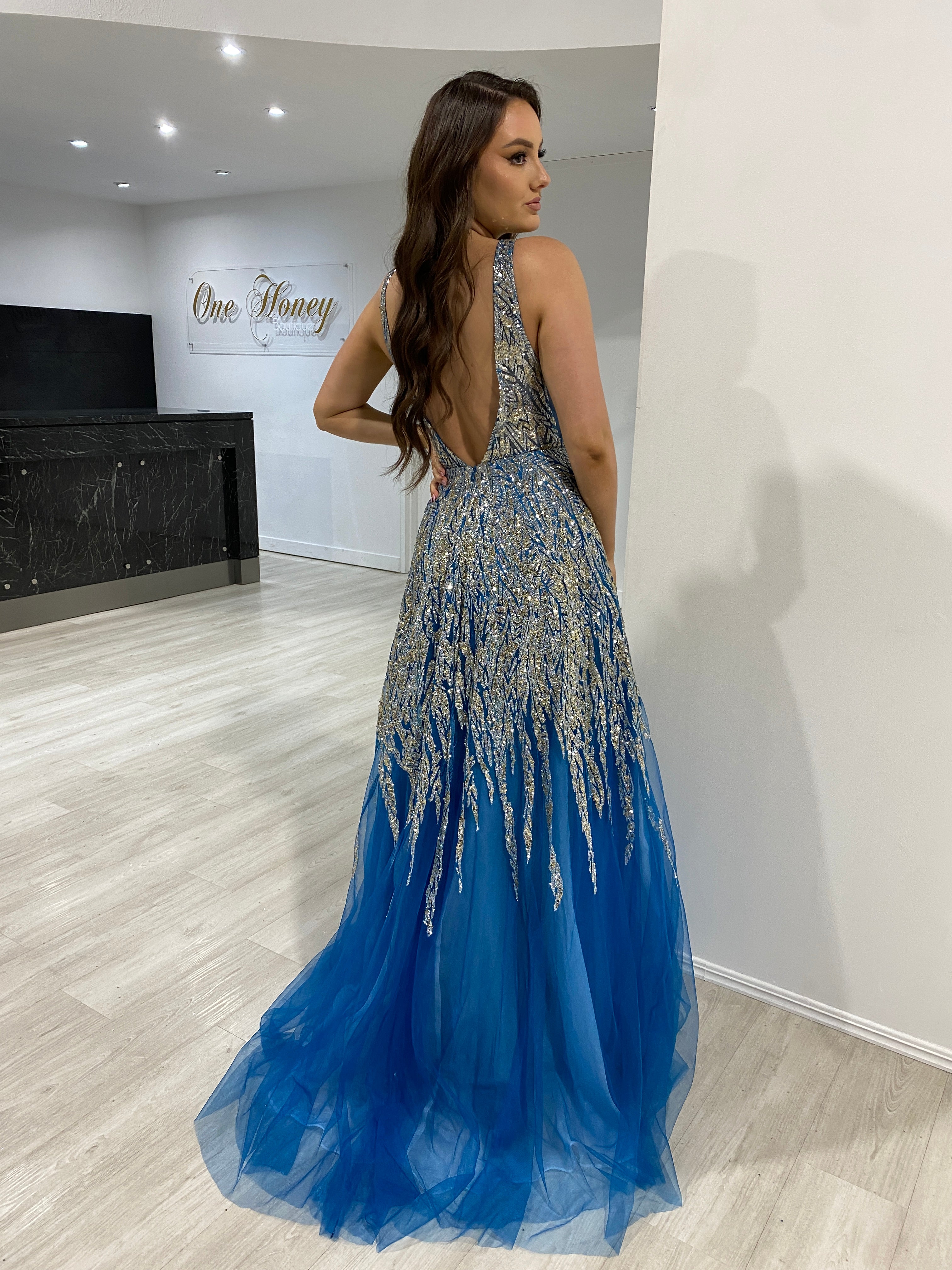 Honey Couture VIANNE Peacock Blue Glitter Tulle Formal Dress