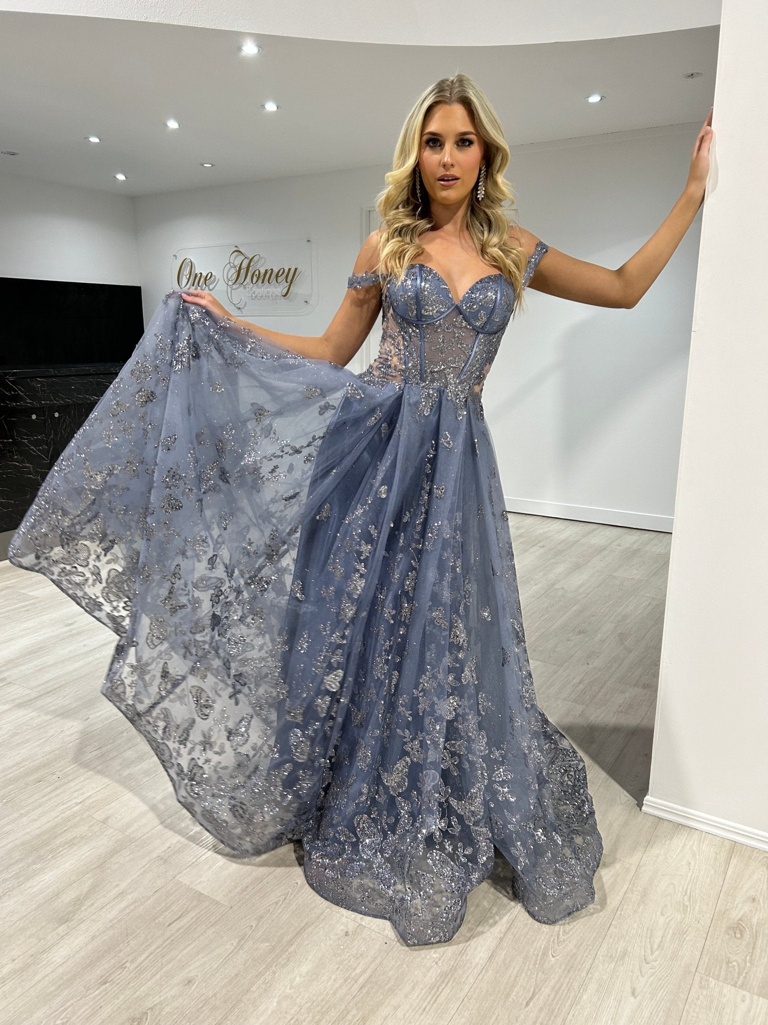 Honey Couture MIST Smokey Blue Glitter Off The Shoulder A - Line Formal Dress in Australia | One Honey Boutique