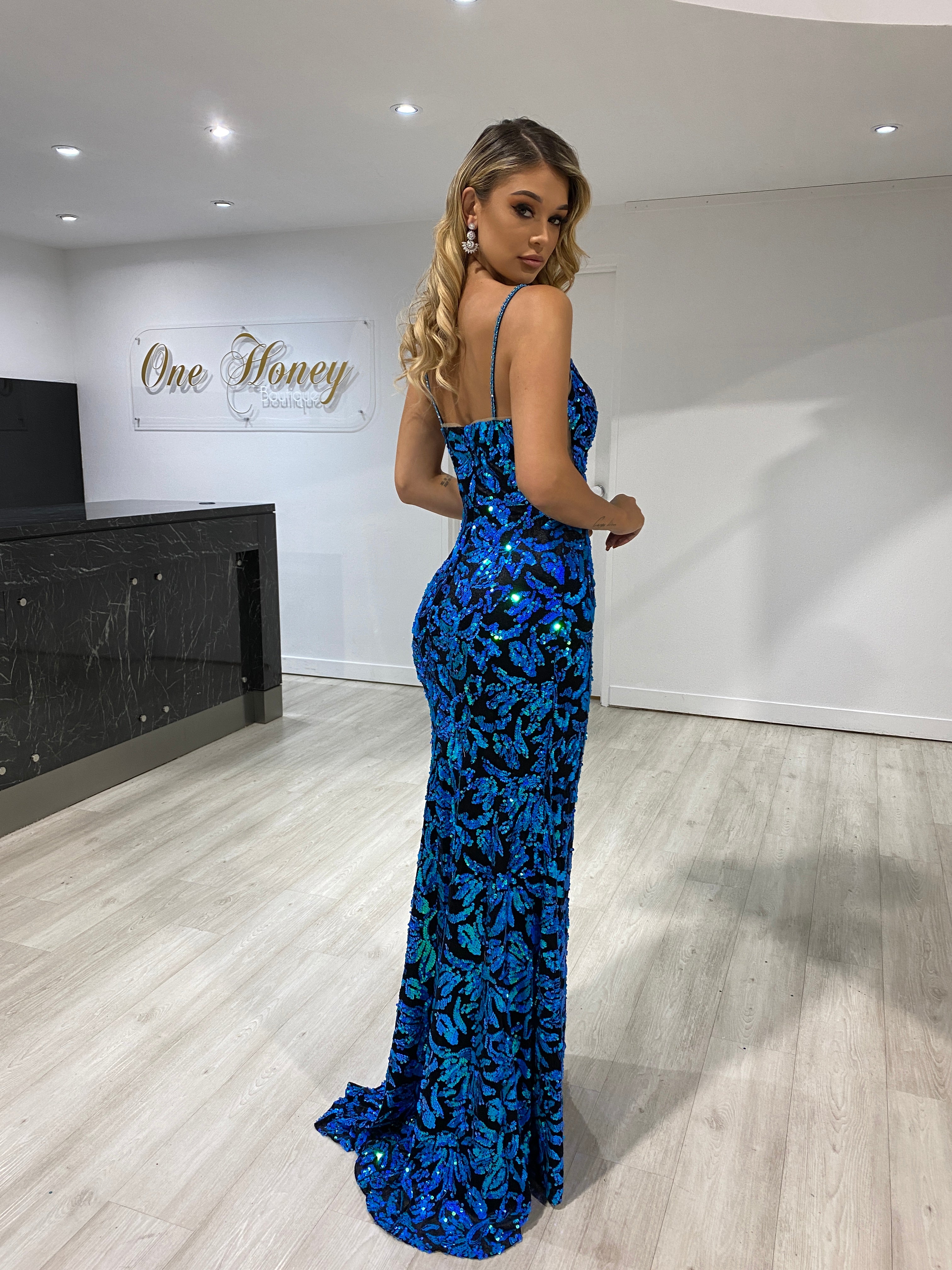 Honey Couture FELICITY Blue & Black Iridescent Formal Gown