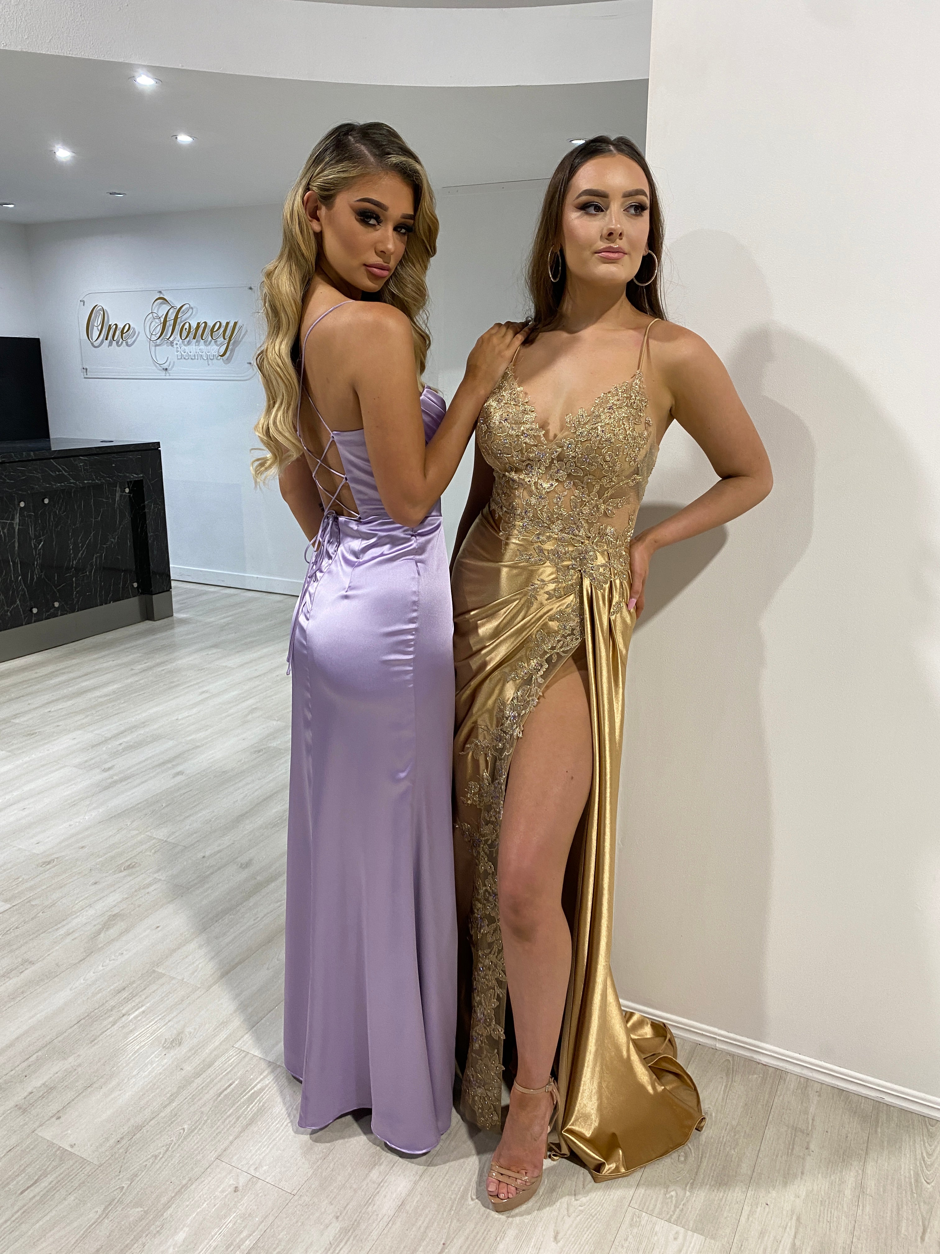 Honey Couture ALVA Gold Silky Lace Trim Corset Back Formal Dress