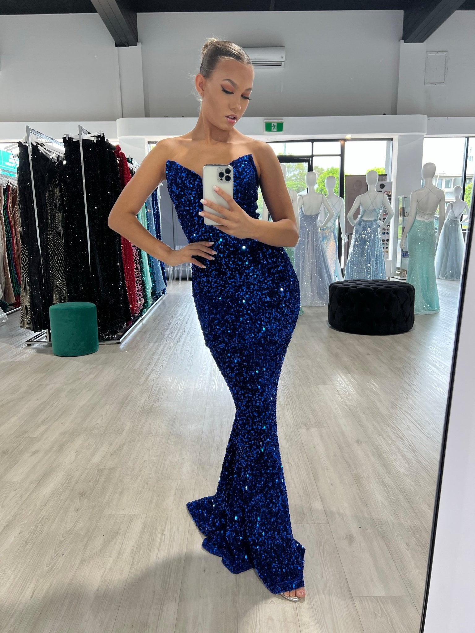 Honey Couture NAOMI Electric Blue Sequin Pointy Strapless Mermaid Evening Dress in Australia | One Honey Boutique