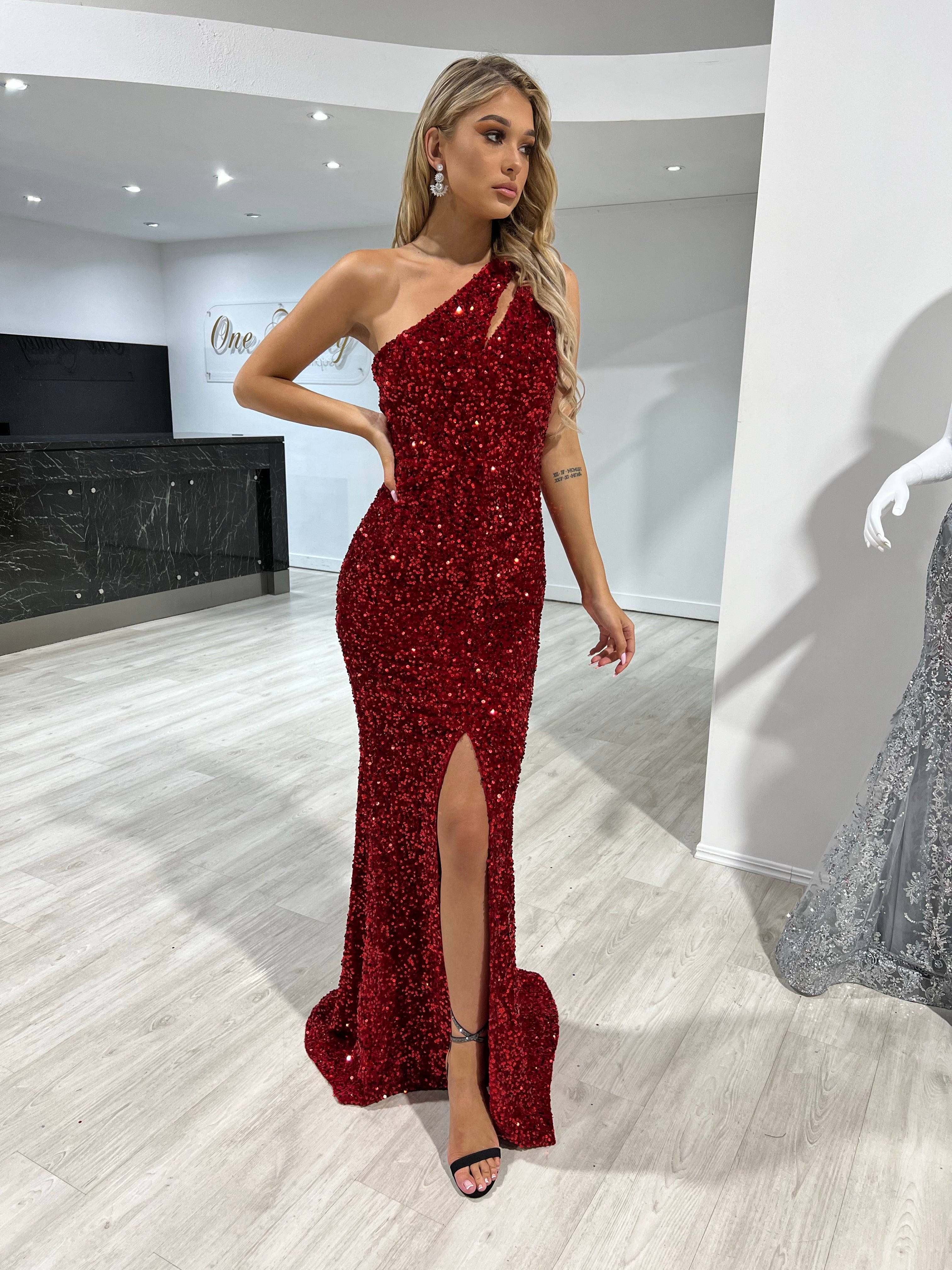Honey Couture ADRIANNA Red Sequin One Shoulder Mermaid Formal Dress