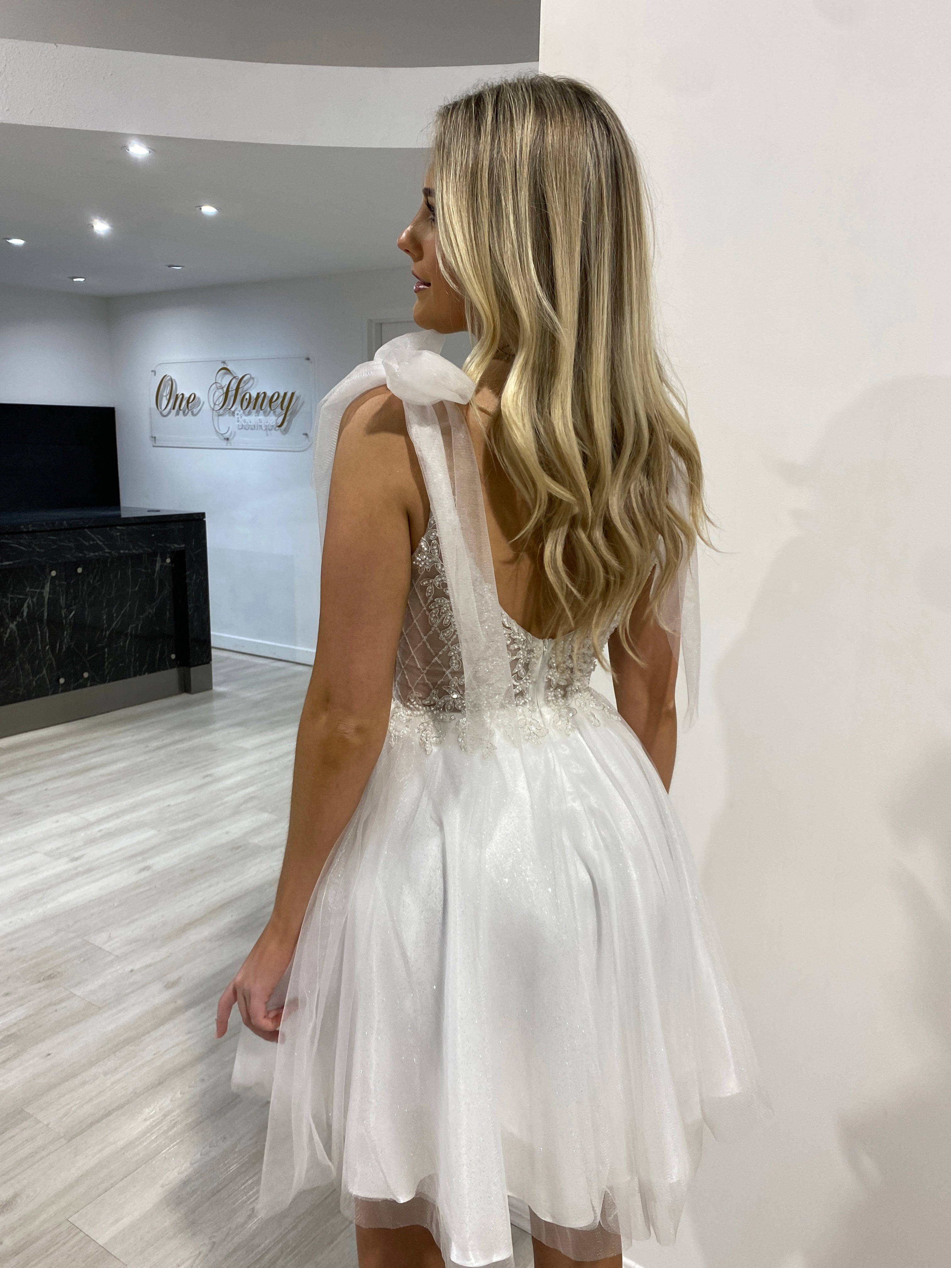 Honey Couture DALPHINE White Sequin Lace Tulle Frilly Party Dress