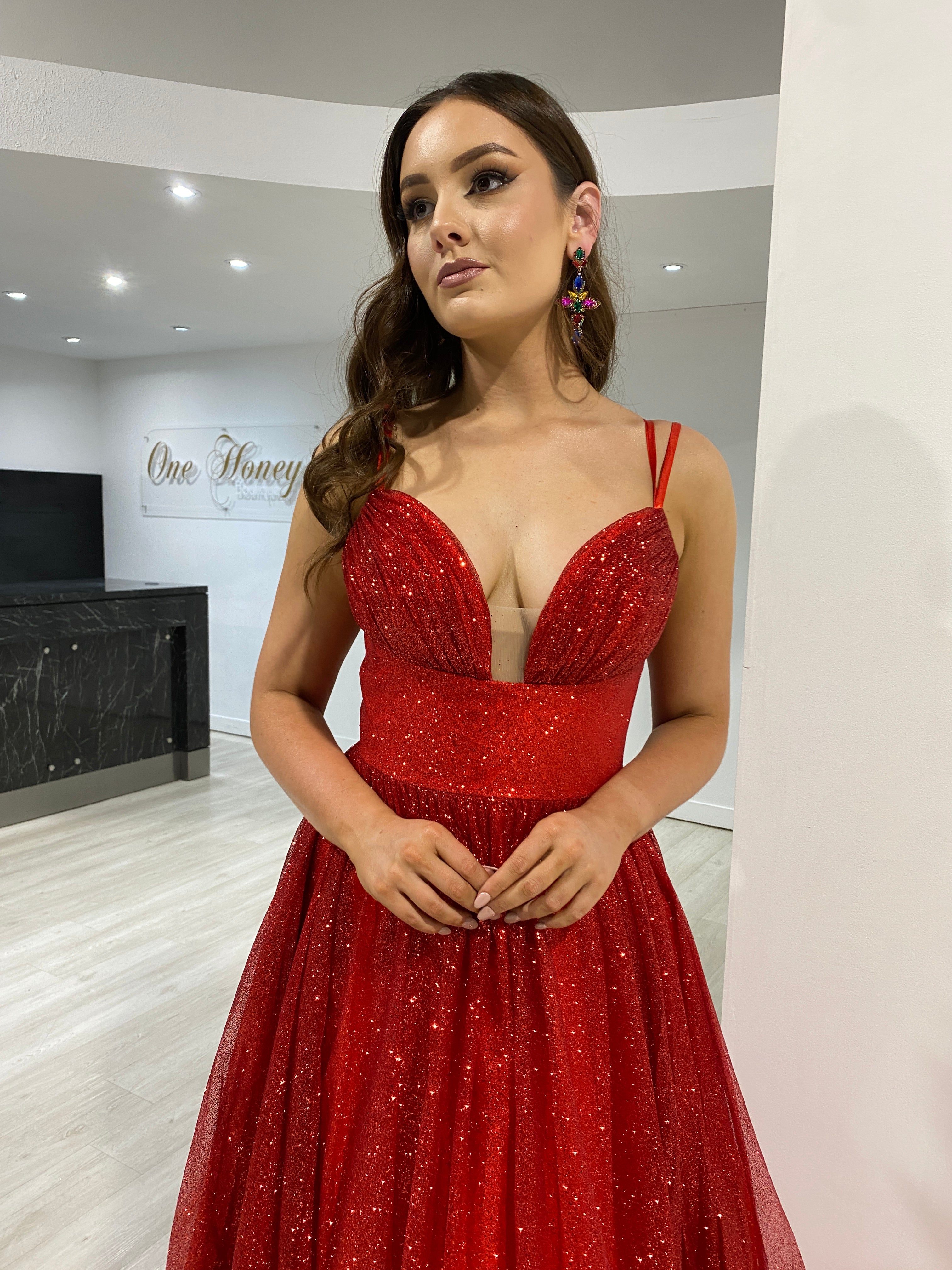 Honey Couture CARMERON Red Glitter Ball Gown Corset Lace Up Formal Dress