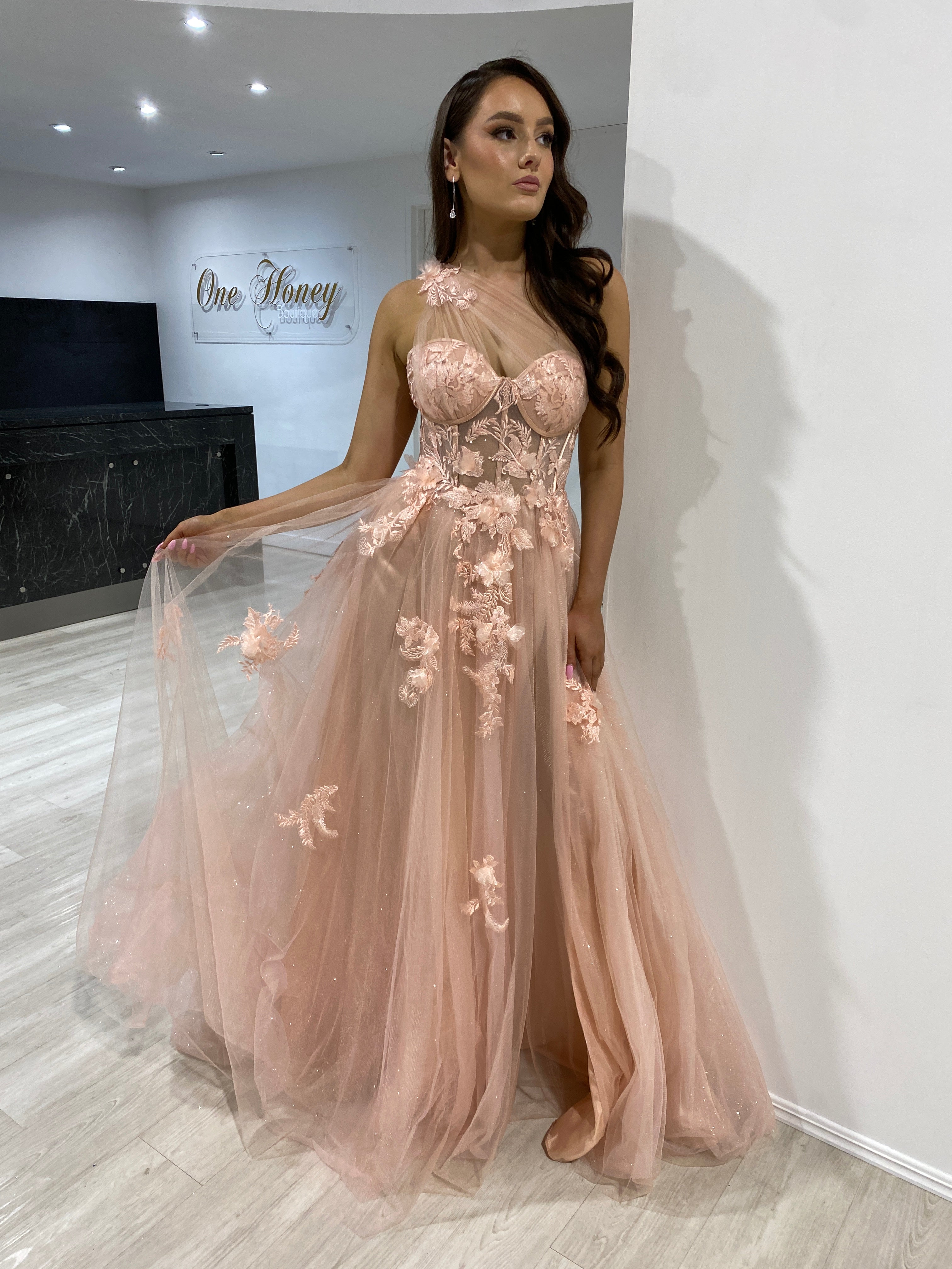 Honey Couture LUCIA Blush Pink Sheer Bustier Corset Tulle Formal Gown