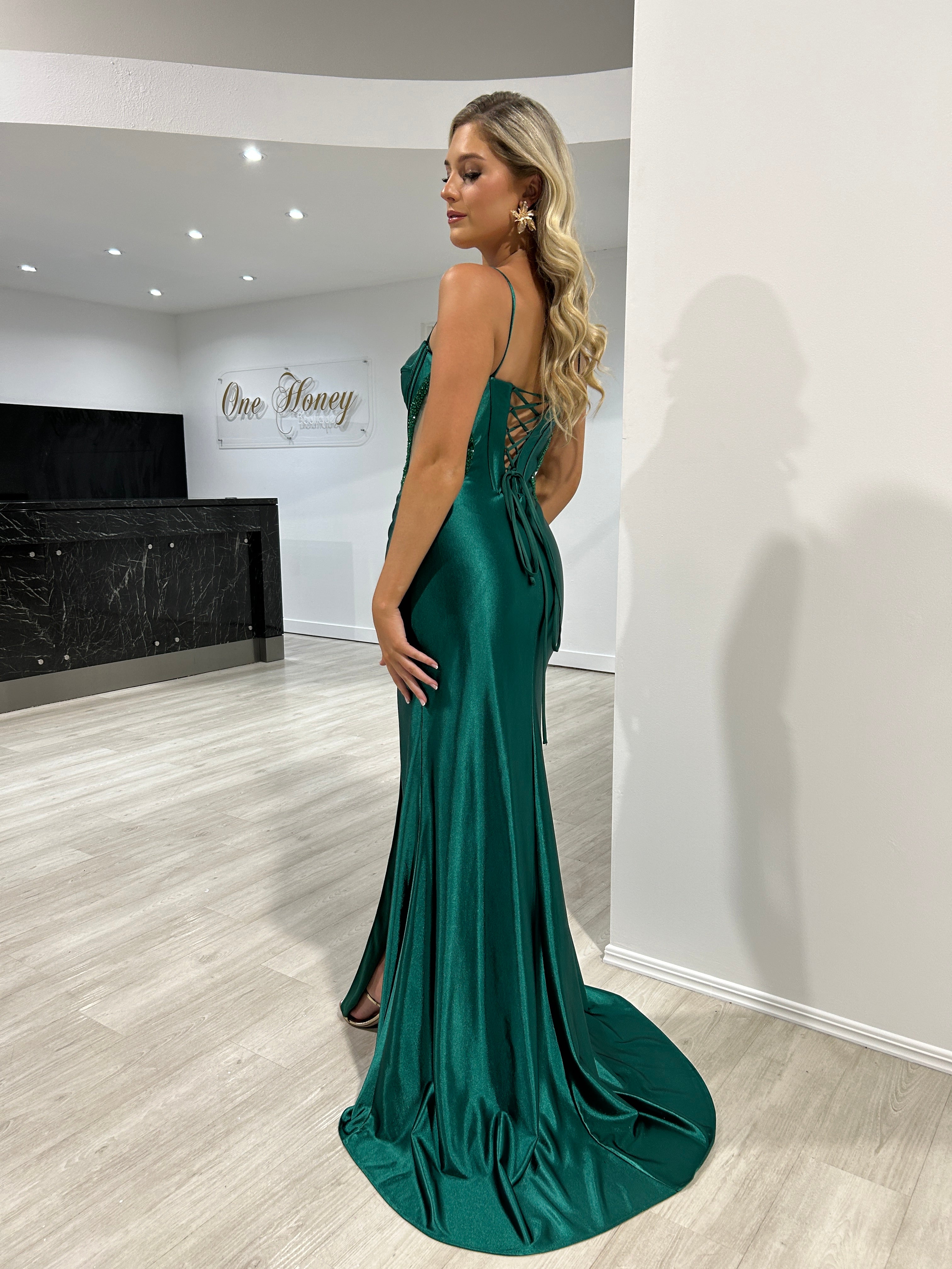 Honey Couture ASHLYN Emerald Satin Beaded Detail Cut Out Mermaid Formal Dress
