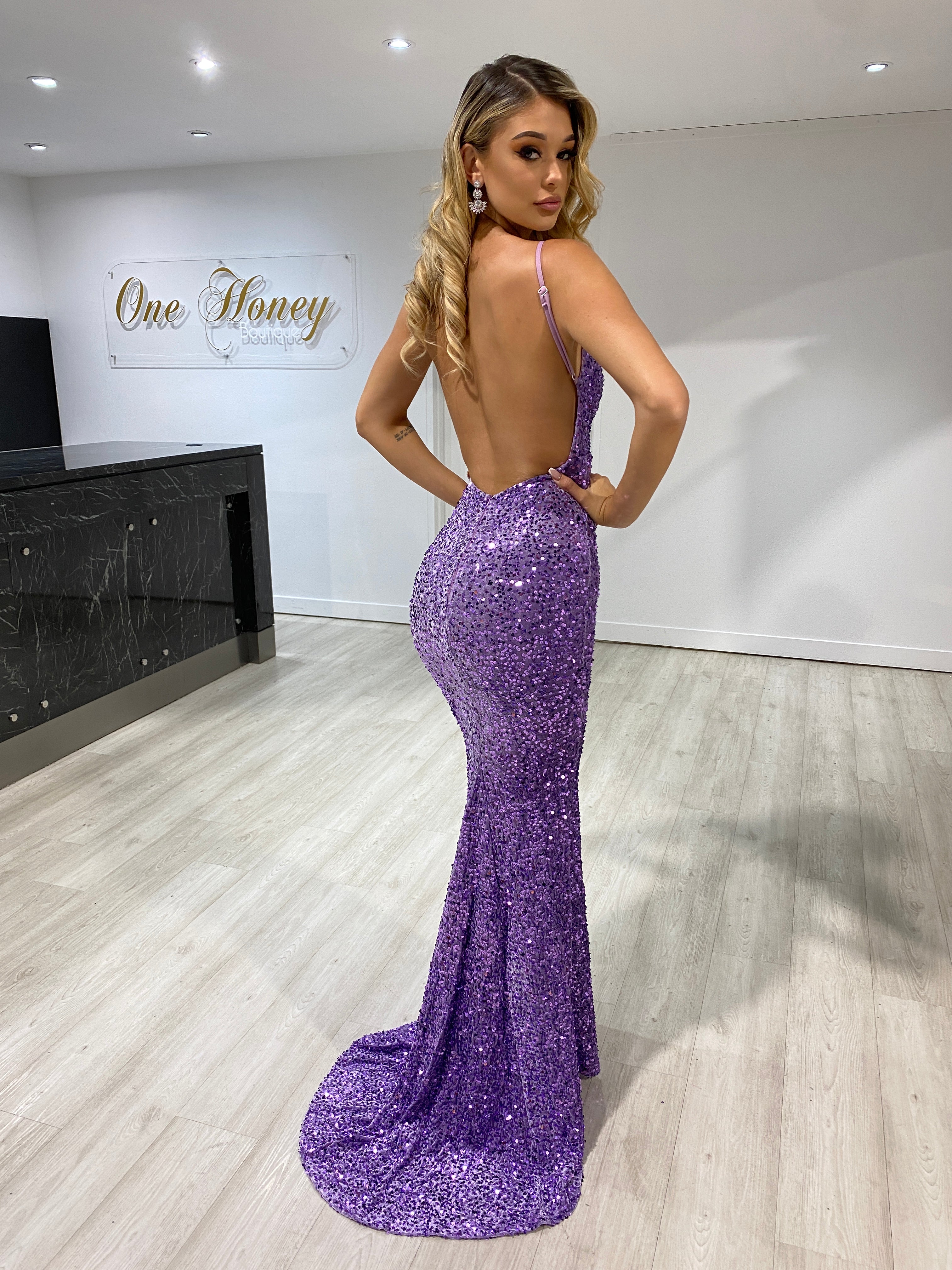 Honey Couture KAYTUM Lilac Purple Sequin Mermaid Evening Gown Dress