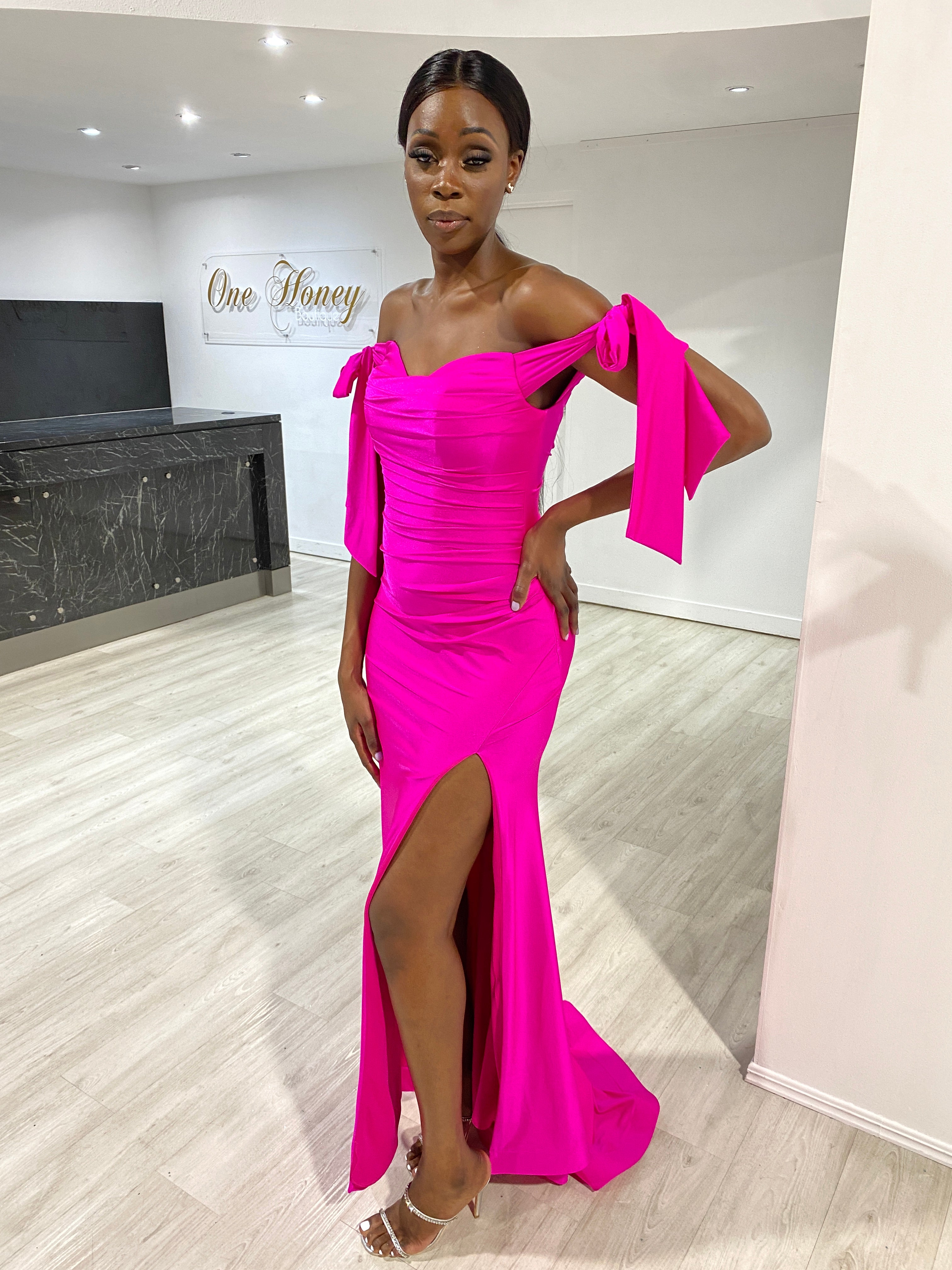Honey Couture BELLE Fuchsia Hot Pink Off Shoulder Mermaid Formal Dress