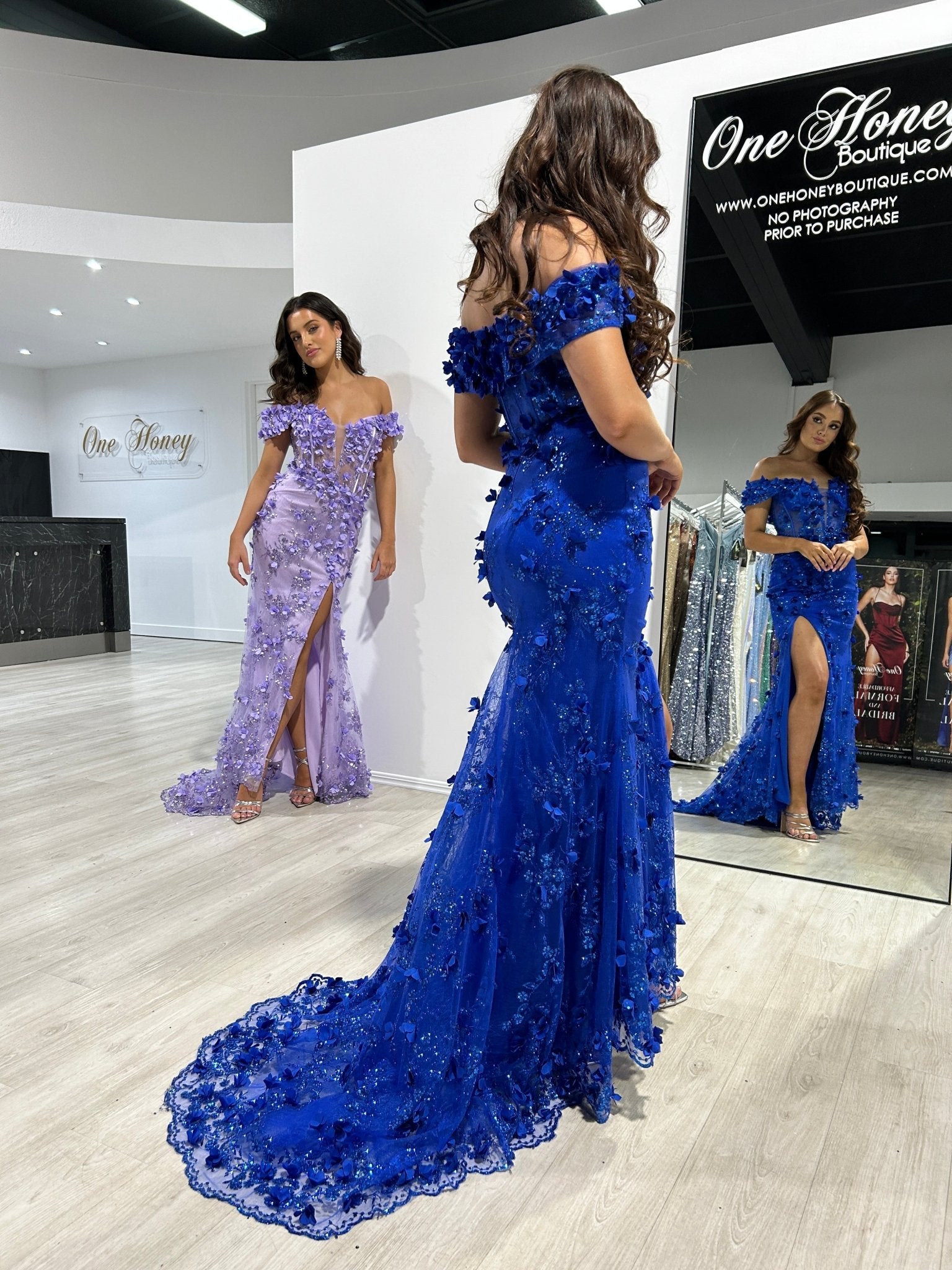 LARRISA Glitter 3D Flower Applique Off the Shoulder Mermaid Formal Dress in Australia | One Honey Boutique