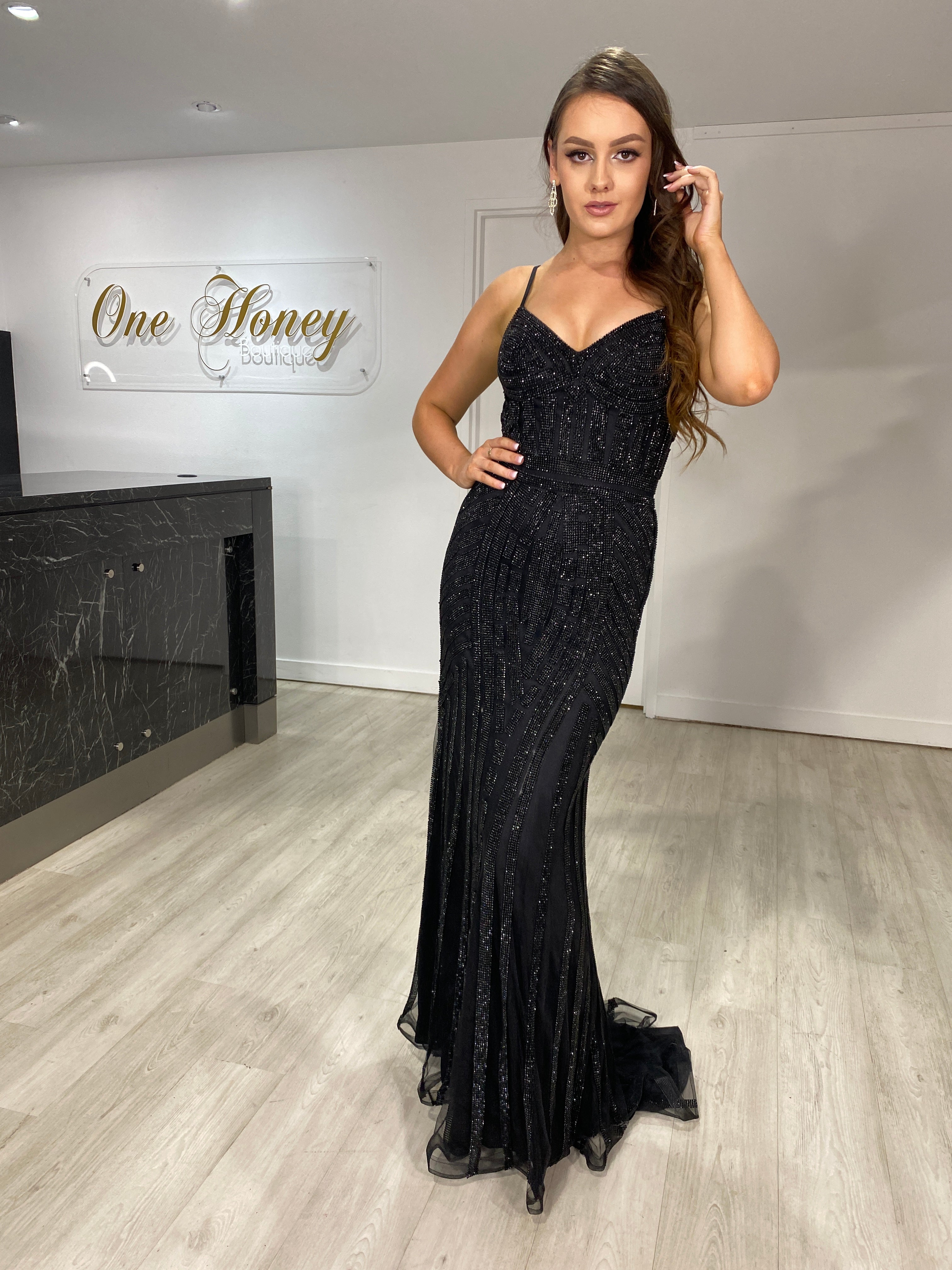 Honey Couture DIAMONDS Black Sequin Mermaid Formal Gown Dress