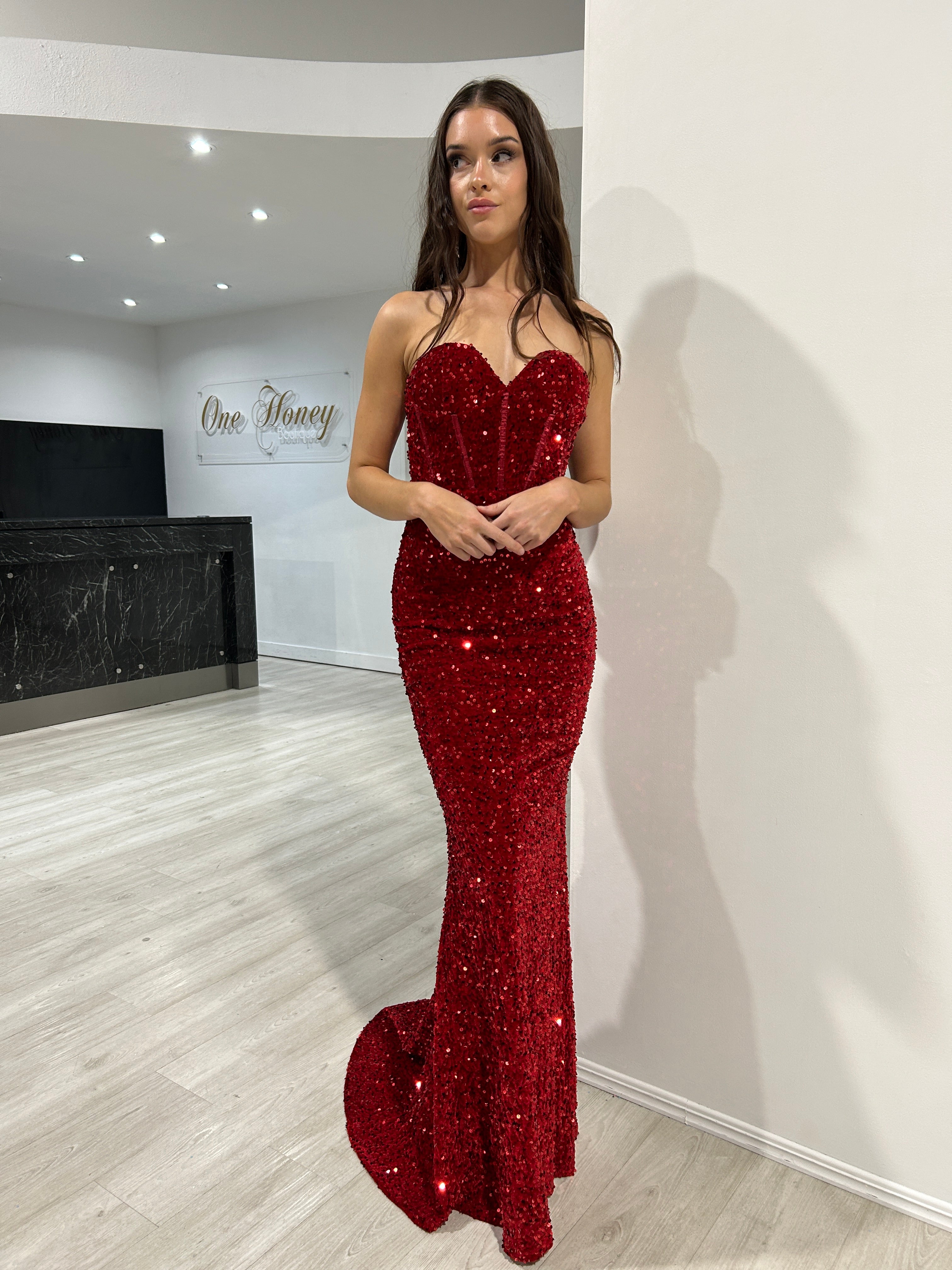 Honey Couture MADDISON Red Strapless Mermaid Evening Dress