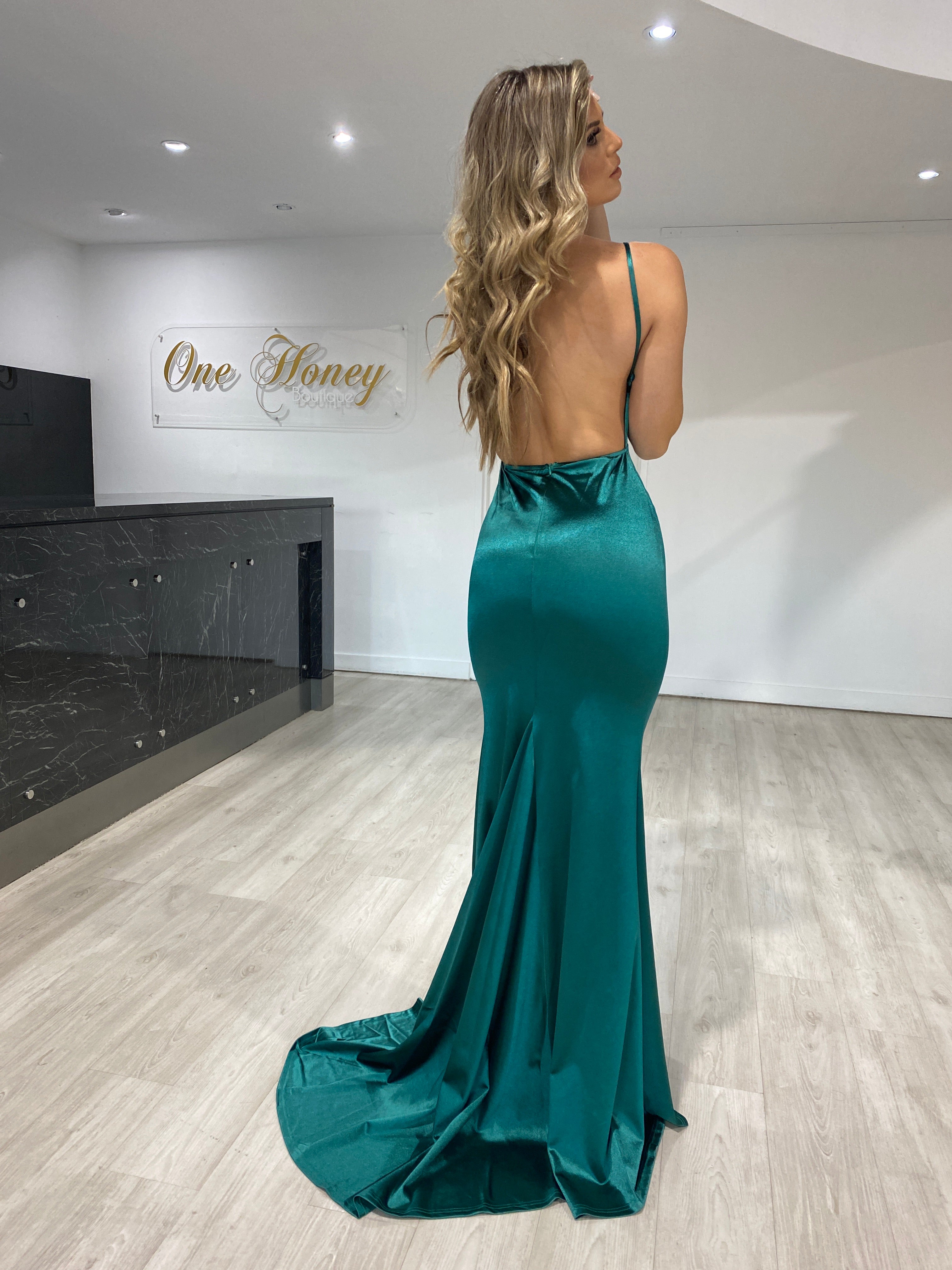 Honey Couture RILEY Emerald Green Low Back Mermaid Evening Gown Dress