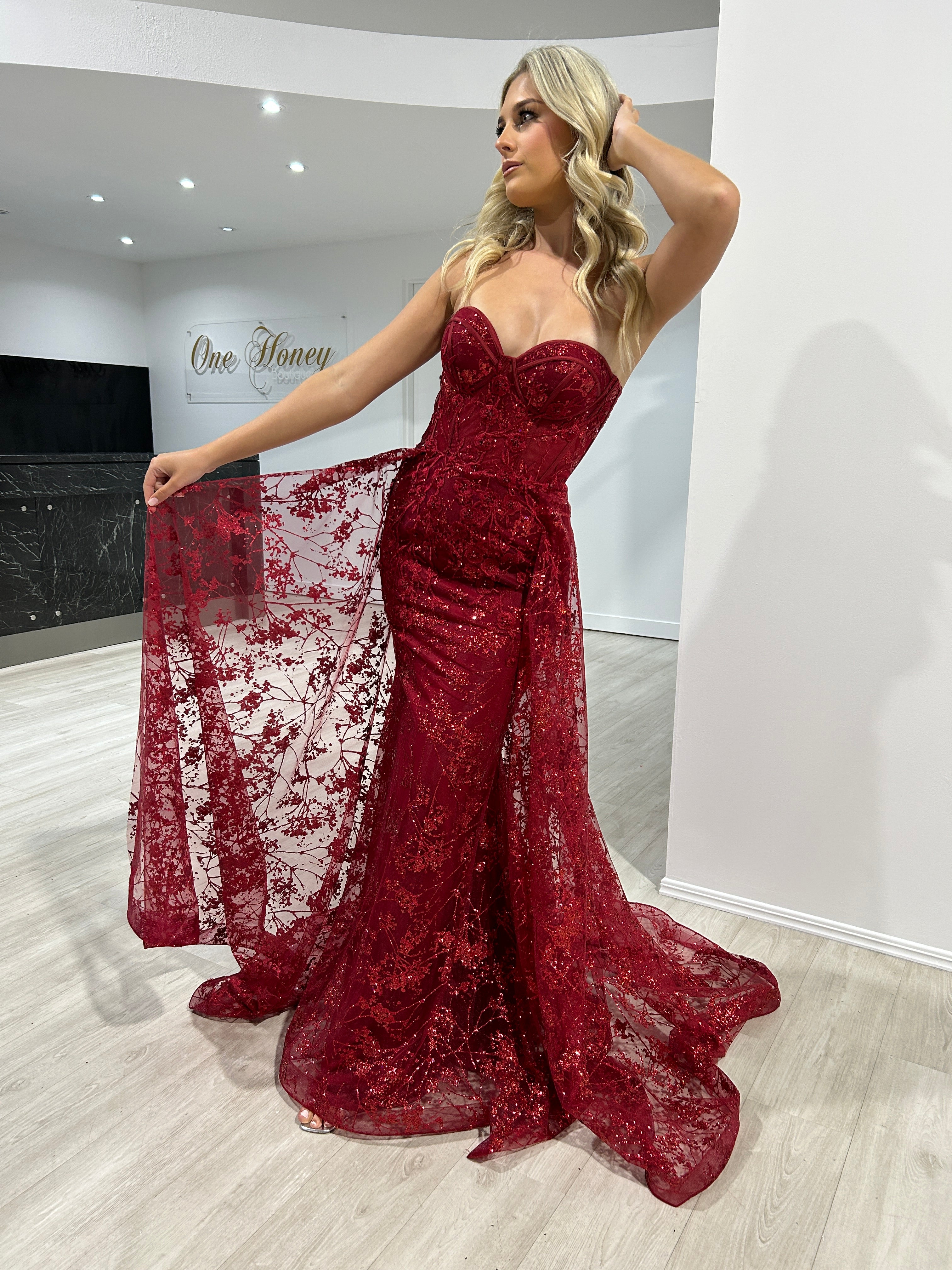 Honey Couture ASTRA Red Glitter Strapless Corset Overskirt Formal Dress